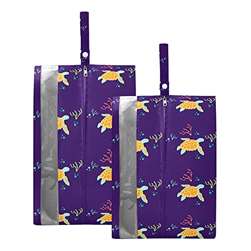 **2 Pack Waterproof Travel Shoe Bags with Zipper & PVC Window – Portable Seamless Shoe Pouch Organizer for Sneakers, Golf & Gym – Durable Shoe Storage for Men & Women (Purple Sea Turtles Design) – Perfect for Travel, Sports & Daily Use**