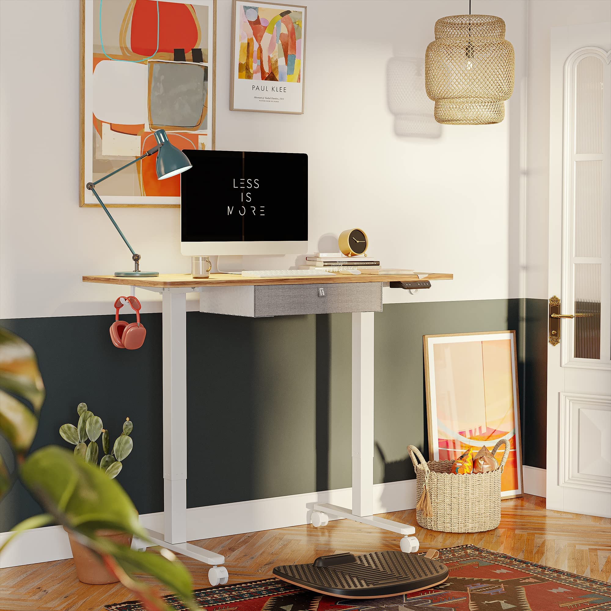 FEZIBO 40 x 24 Inches Electric Standing Desk with Drawer - Adjustable Height Sit Stand Desk with Storage, Ergonomic Home Office Computer Desk in Light Rustic Finish | Perfect for Remote Work, Gaming & Study Spaces