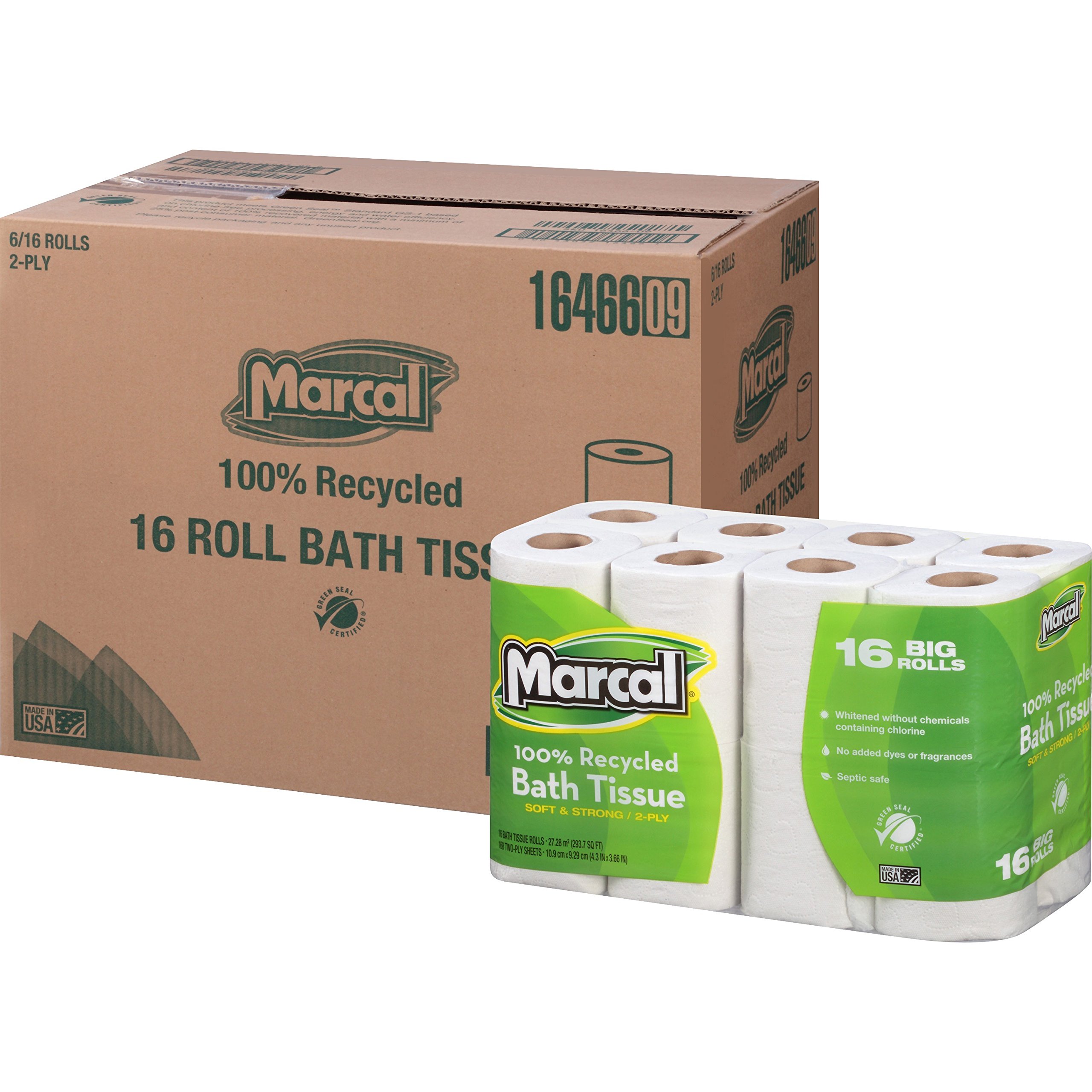 Marcal 16466CT 2-Ply White Bath Tissue - 168 Sheets per Roll, 96 Rolls per Case | Soft & Strong Toilet Paper for Home, Office & Commercial Use
