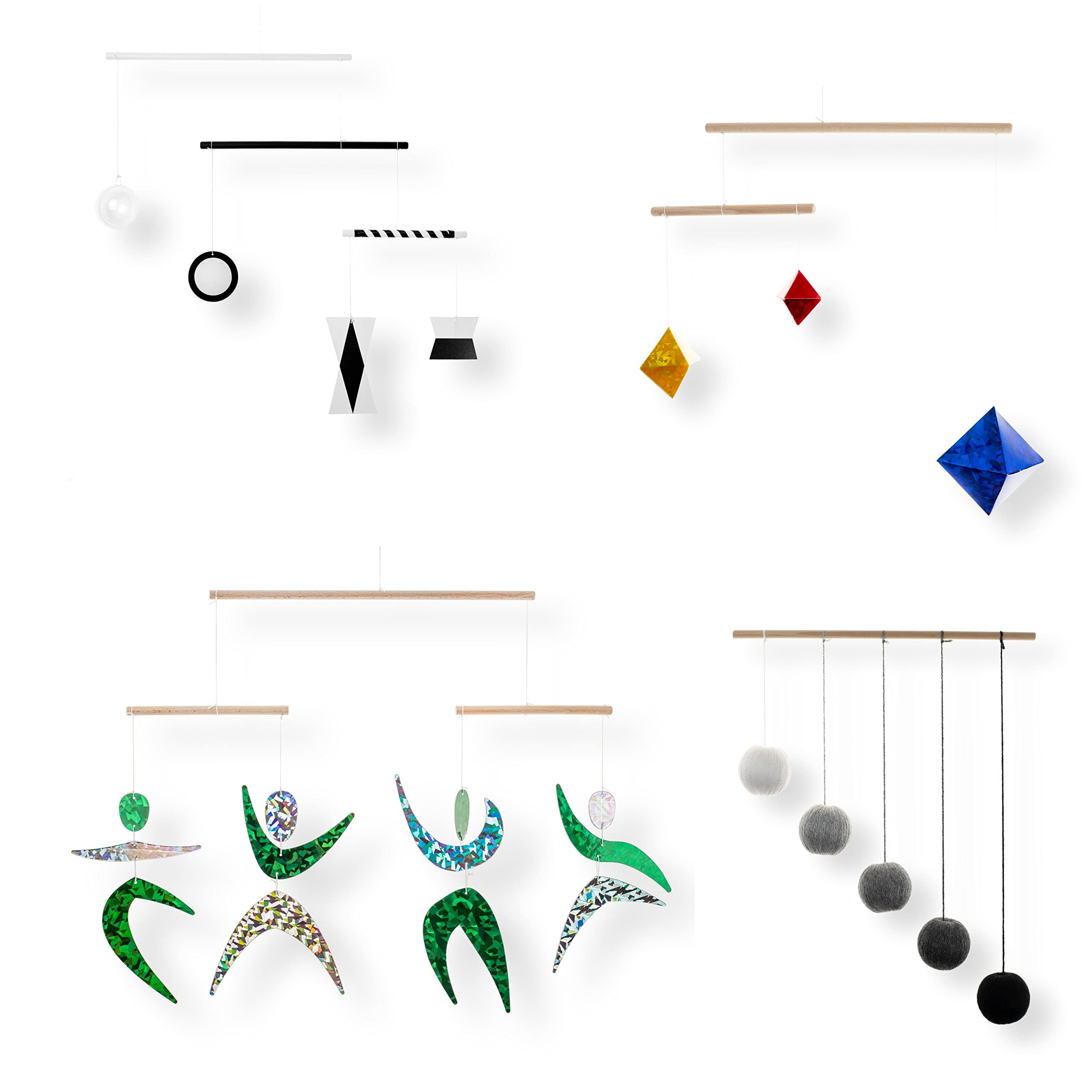 Set of 4 Montessori Baby Mobiles - Black & White Mobile, Gray Gobbi, Dancers & Octahedron | Newborn Visual Stimulation Toys | Nursery Decor & Crib Hanging Toys for Infant Development