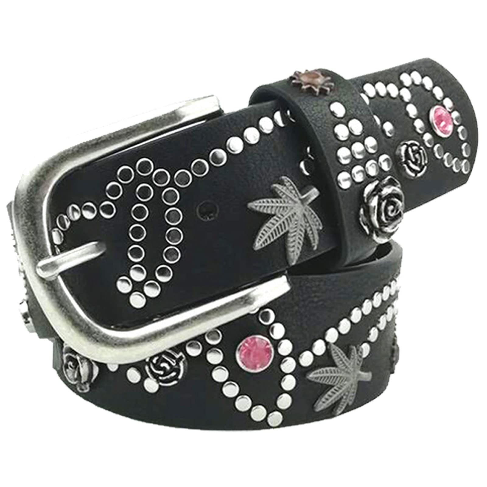 Stylish Women's Fashion Belt for Jeans & Shorts - PU & Genuine Cowhide Mixed Trendy Waist Belt with Studded Rivets & Crystal Decorations (1.38