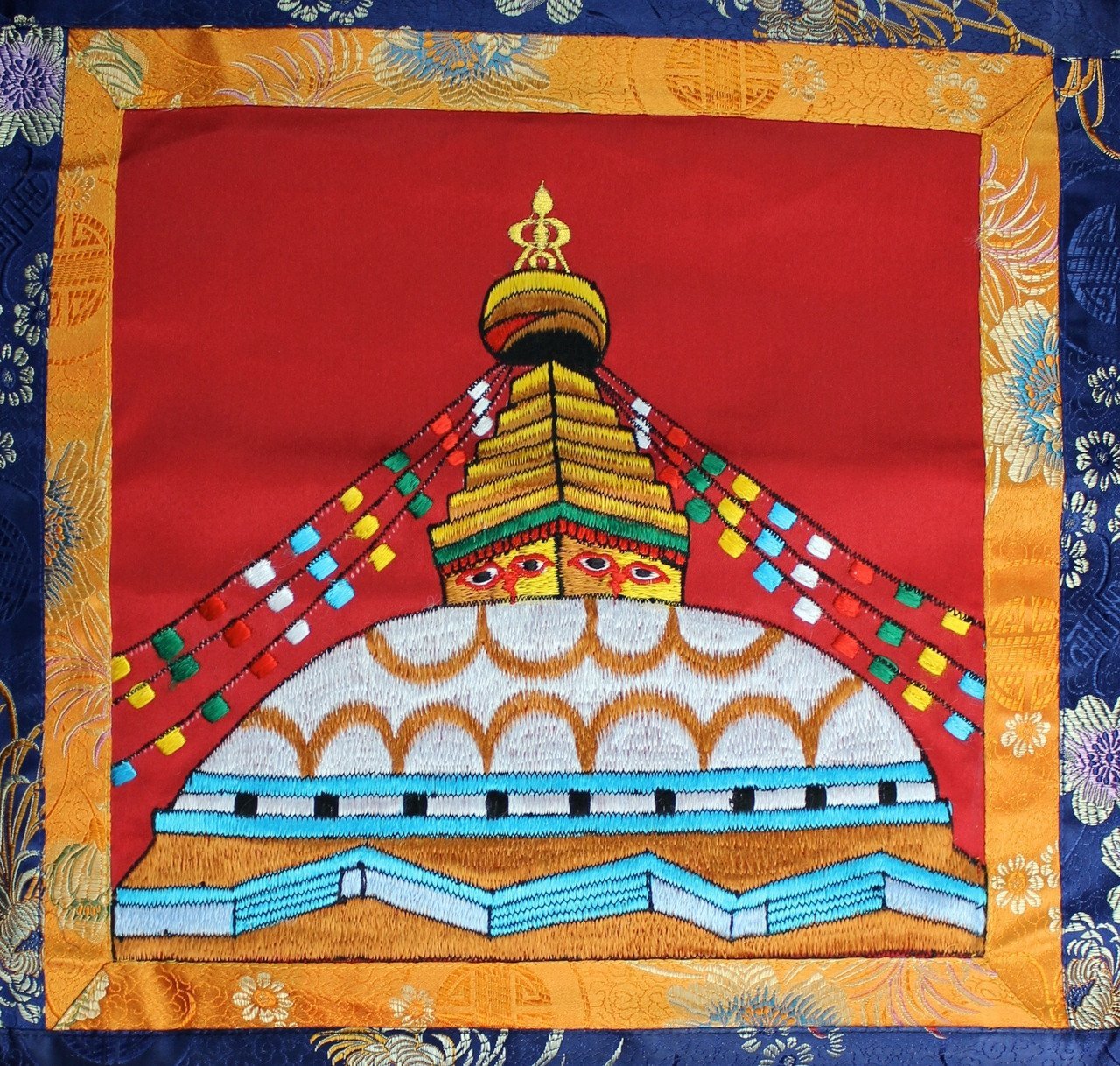 Handmade Boudhanath Stupa Embroidery Wall Hanging - Tibetan Buddhist Decor for Home & Meditation Room - Perfect for Spiritual Spaces & Yoga Studios