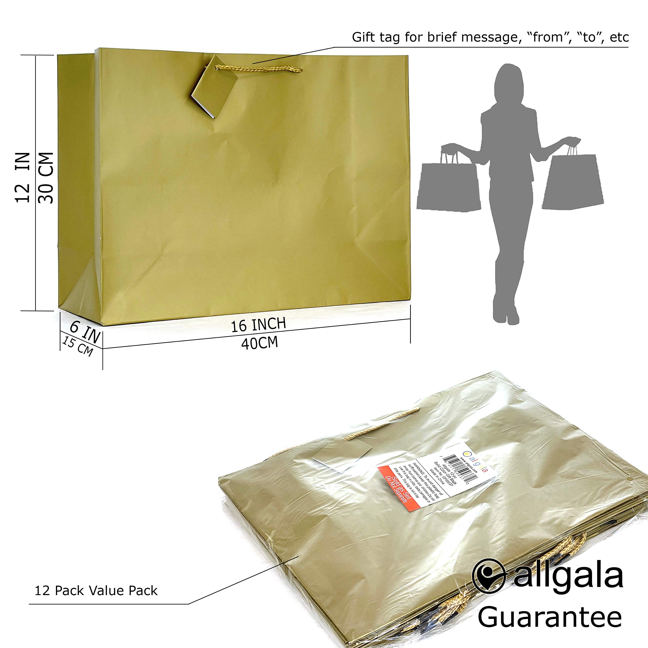 Allgala Premium Gift Bags - 12 Pack 16x12x6 Inch Extra Wide Vogue Gold Party Bags with Sturdy Handles for Birthday, Wedding, Baby Shower, Christmas & Holiday Celebrations - Perfect for Gift Wrapping, Party Decorations & Special Occasions