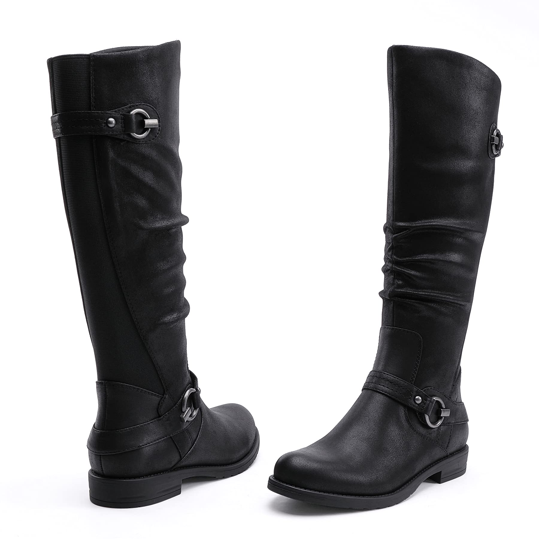 EETTARO Women's Fashion Knee High Boots with Side Zip & Buckles - Elastic Mid Calf Winter Boots Low Heel for Casual Outfits, Office Wear & Cold Weather