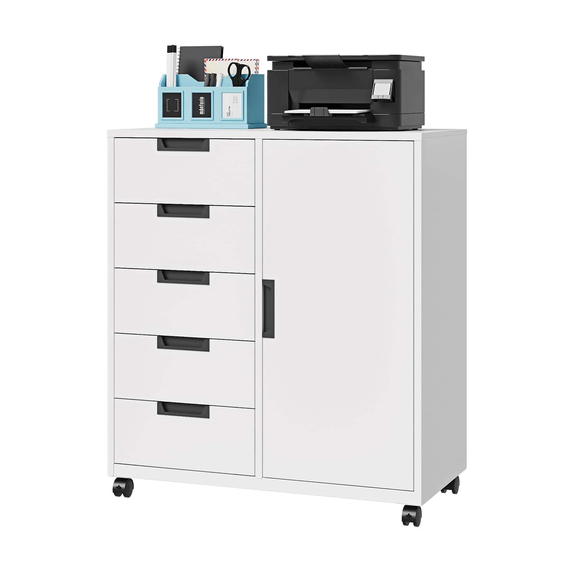 Letaya 5-Drawer Storage Cabinet with Shelves & Door - White Mobile Printer Stand, Dresser Chest for Home Office Organization | Perfect for Bedroom, Living Room & Office Storage Solutions