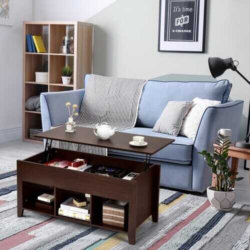 Brown Lift Top Coffee Table with Storage Shelf - Convertible Ottoman & Hidden Compartment for Living Room, Bedroom, or Office