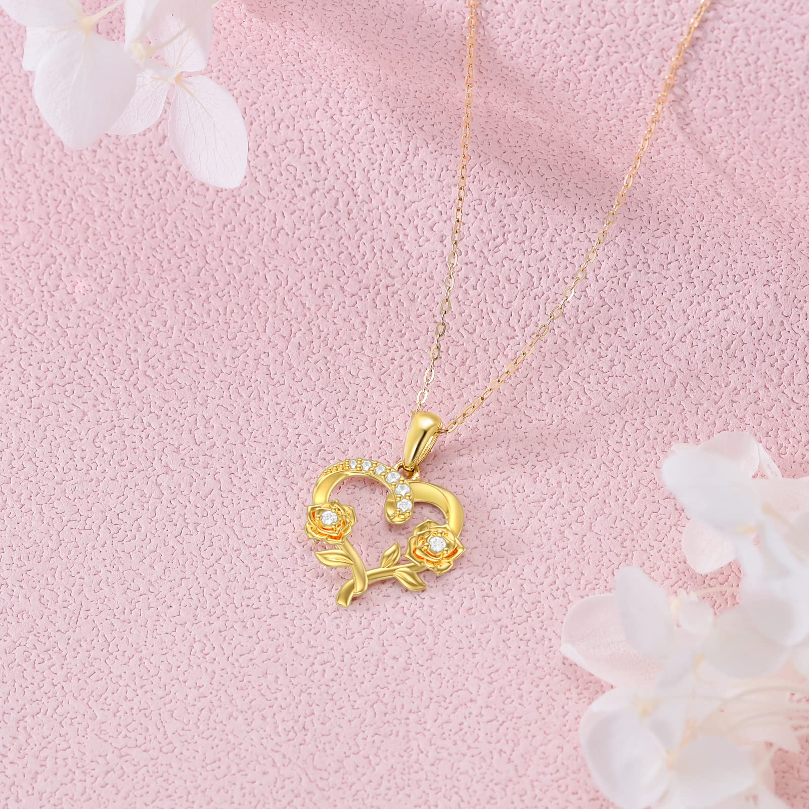 YDD 9ct Gold Heart Necklace for Women - Rose Flower Pendant Necklace in Real Gold | Perfect Christmas, Mother's Day & Valentine's Day Gift for Her | 16+1+1 Inch Chain | Elegant Jewelry for Date Nights, Anniversaries & Special Occasions