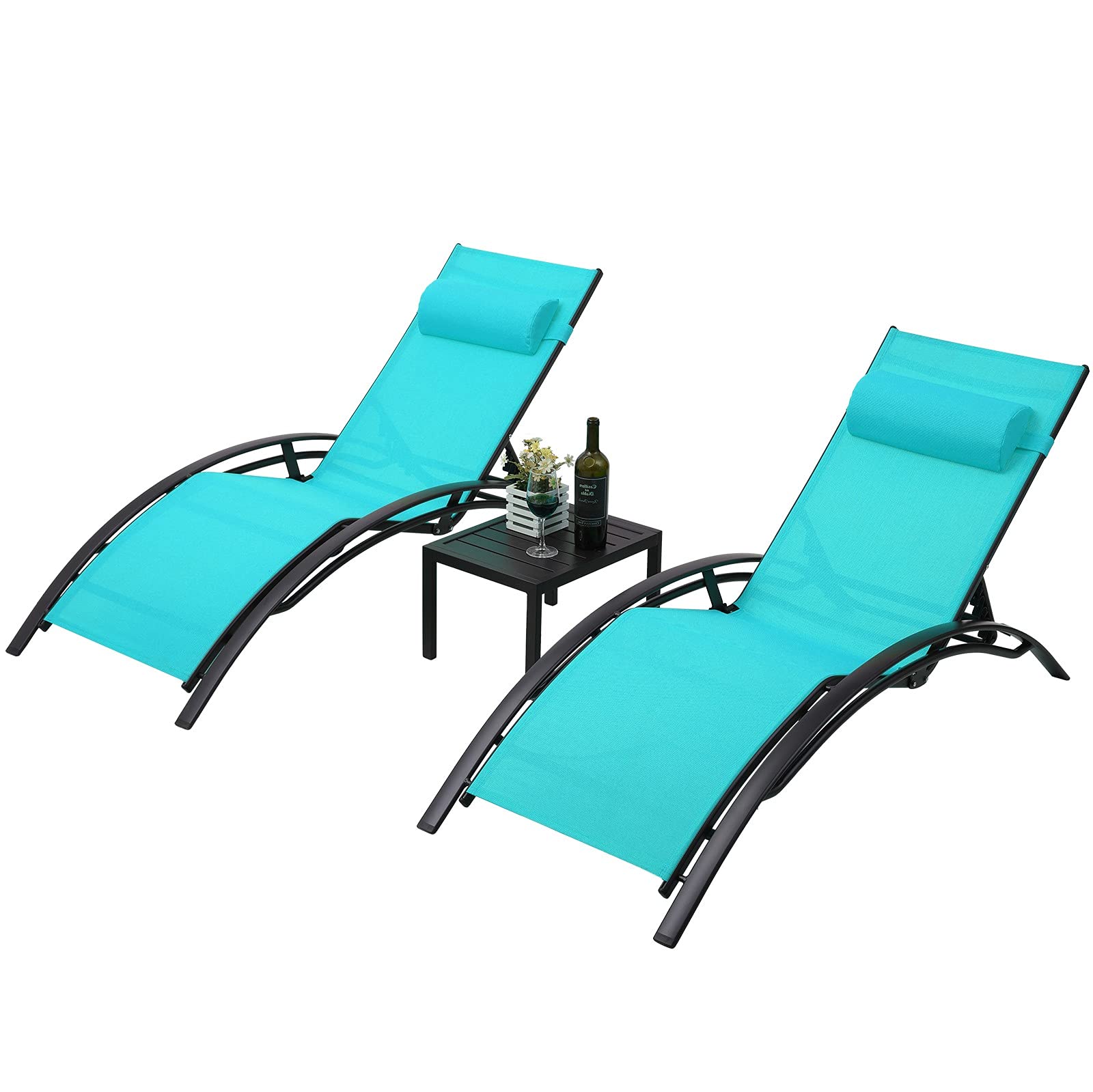 **AthLike 3-Piece Patio Chaise Lounge Set with Headrest & Side Table - 5-Level Adjustable Sunbathing Recliner for Poolside, Beach & Outdoor Relaxation (Blue)**