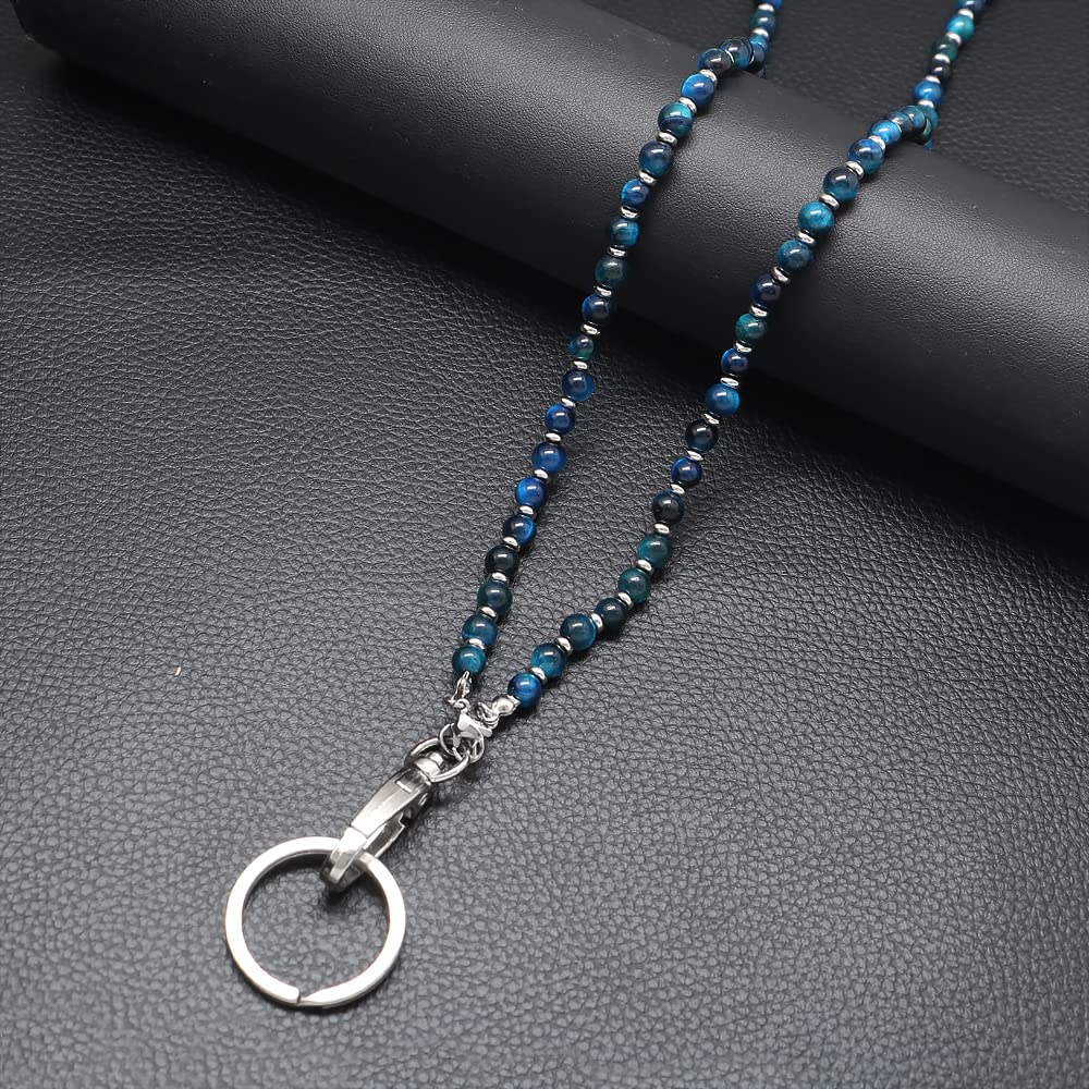 Beaded Lanyard for Women - ID Badge Holder & Keychain Necklace for Teachers & Office Use (Blue Tiger Eye)