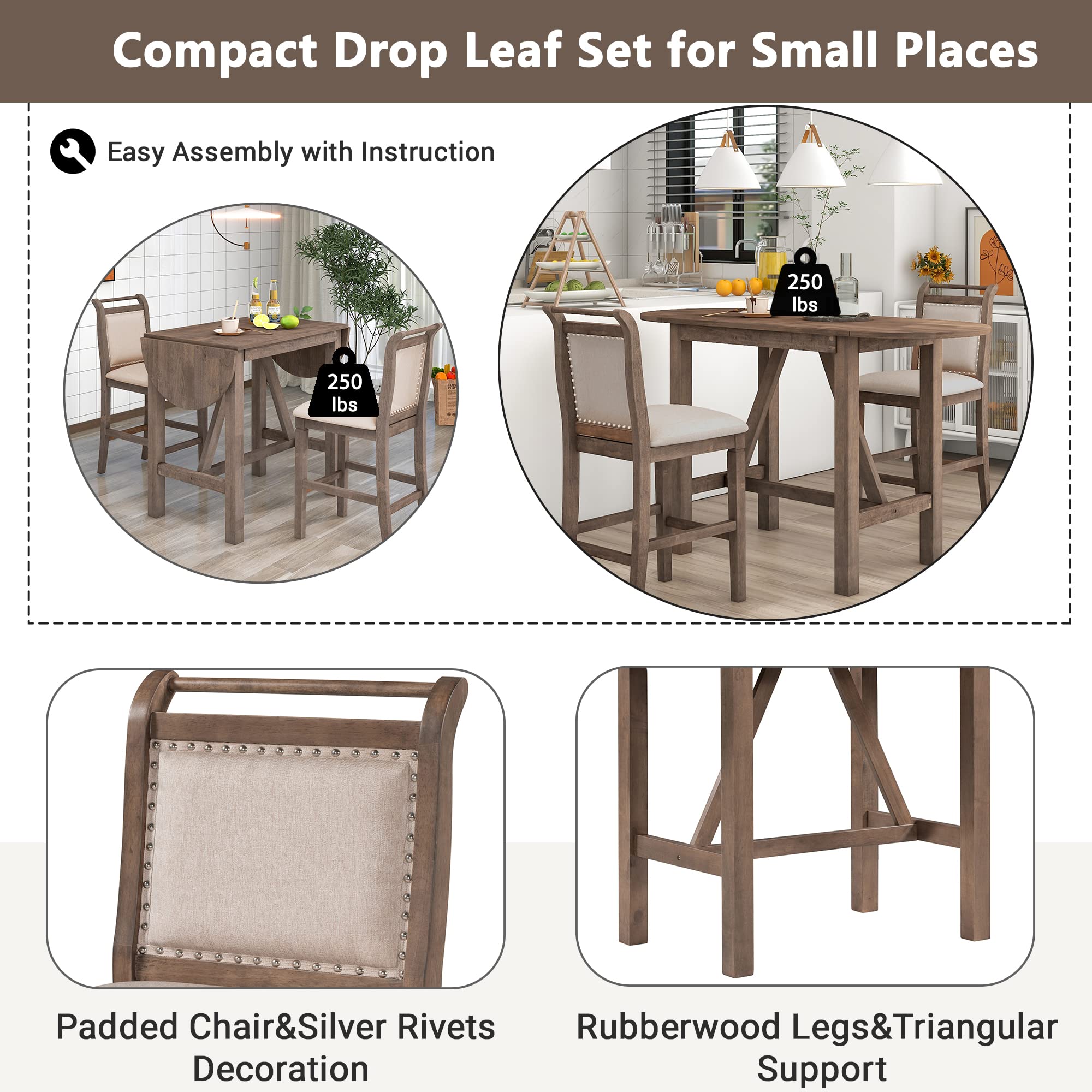 Farmhouse 3-Piece Counter Height Dining Table Set with 2 Upholstered Chairs & Extendable Drop Leaf - Solid Wood Kitchen Table for Small Spaces (Brown) - Perfect for Breakfast Nooks, Apartments & Cozy Dining Areas