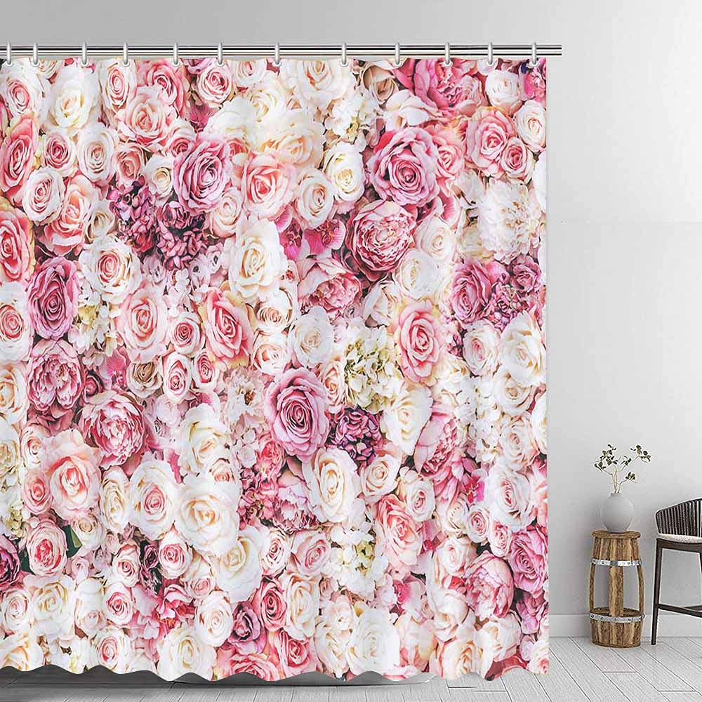Pink Floral Shower Curtain Set with 12 Plastic Hooks - 72x72 Inch Waterproof Bathroom Decor Featuring Colorful Roses & Peony Design - Perfect for Girls' Room, Bathroom Makeover, and Vintage Style Home Decor