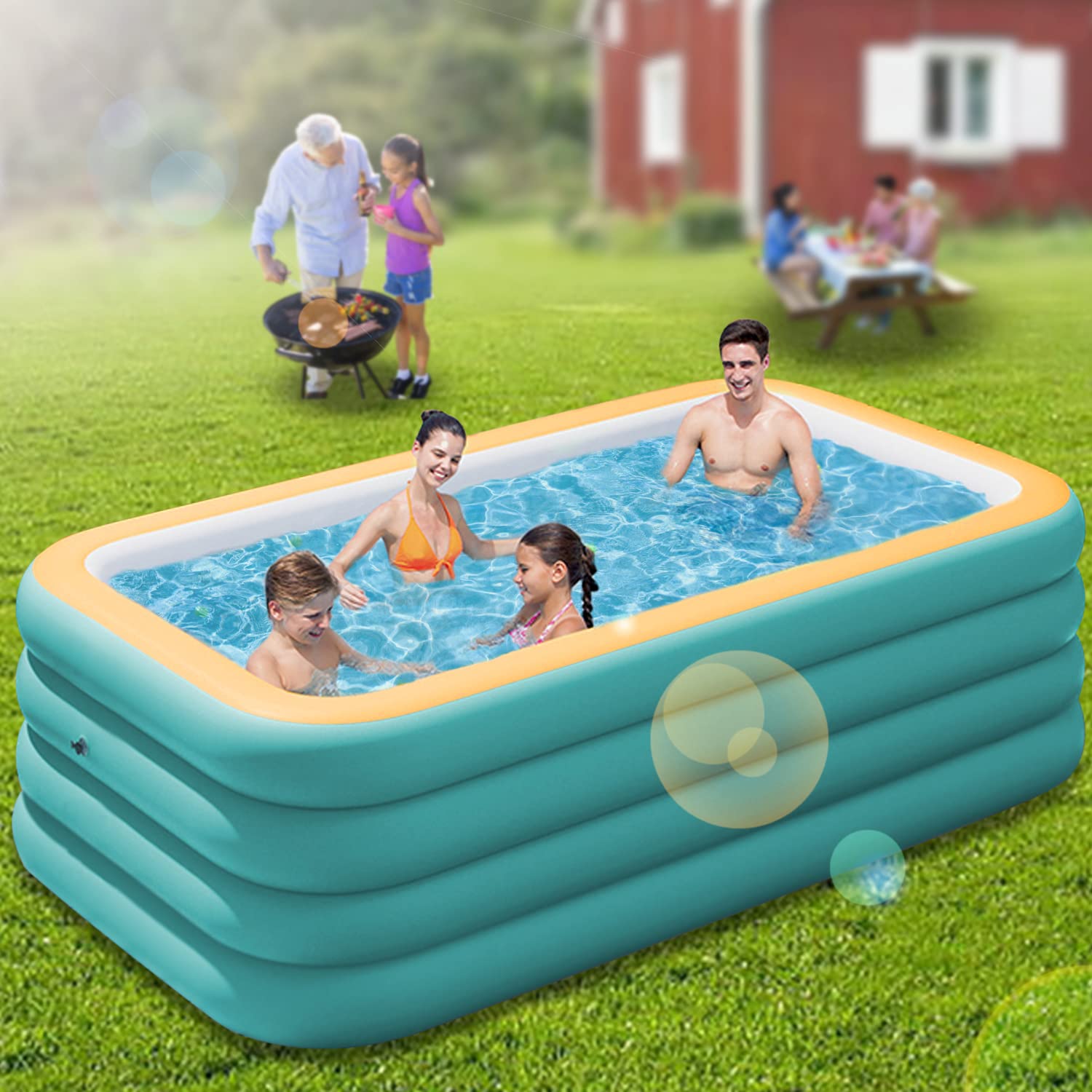 10ft 4-Ring Inflatable Above Ground Swimming Pool for Kids & Adults - 118x69x27in Family Backyard Pool with 4 Layers, Green & Orange - Perfect for Summer Water Parties, Garden Fun, and Outdoor Family Activities