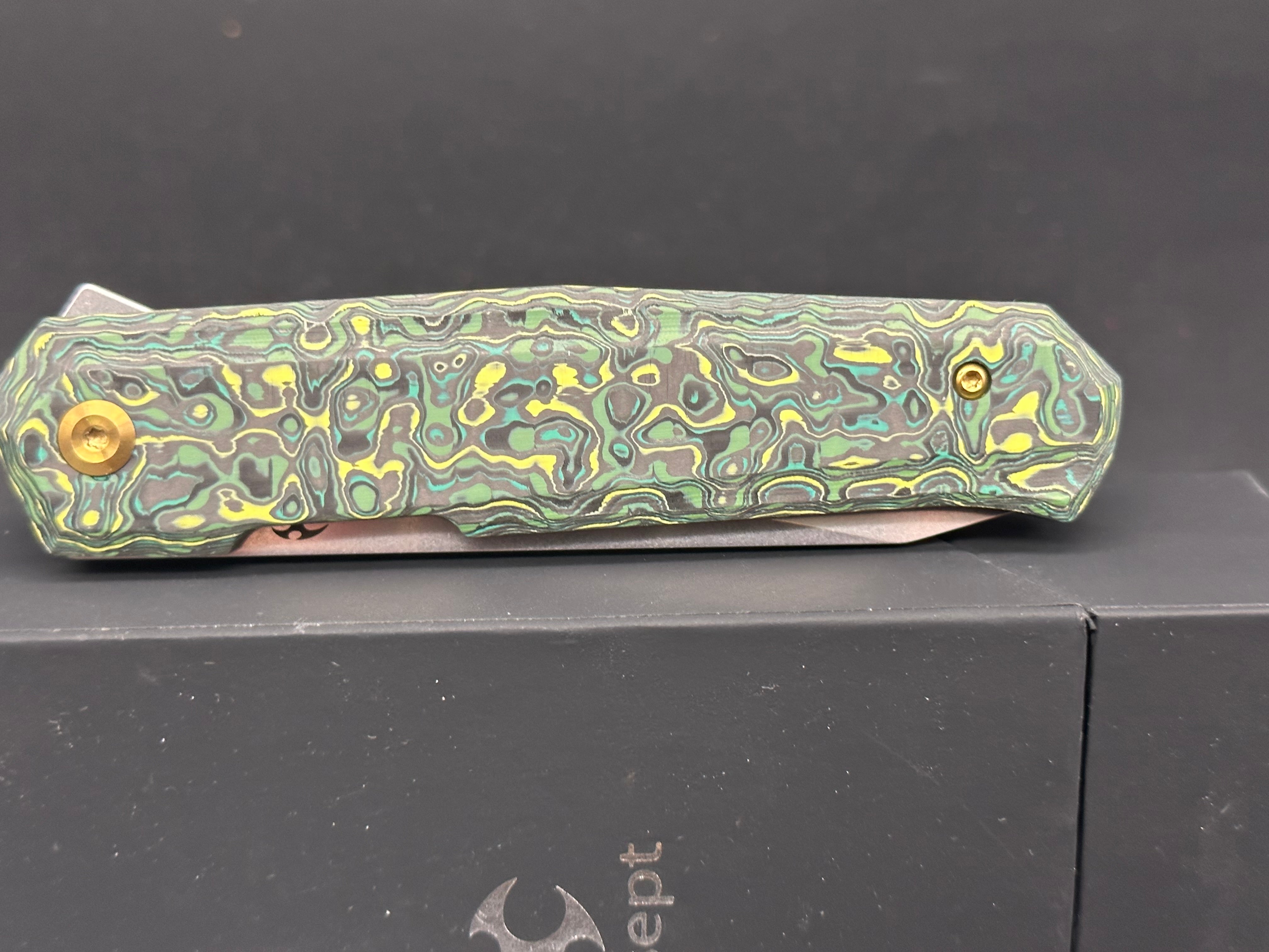 KANSEPT INTEGRA Folding Pocket Knife - Green/Yellow Carbon Fiber Handle, S35VN Blade - EDC, Outdoor, Camping, Survival Gear