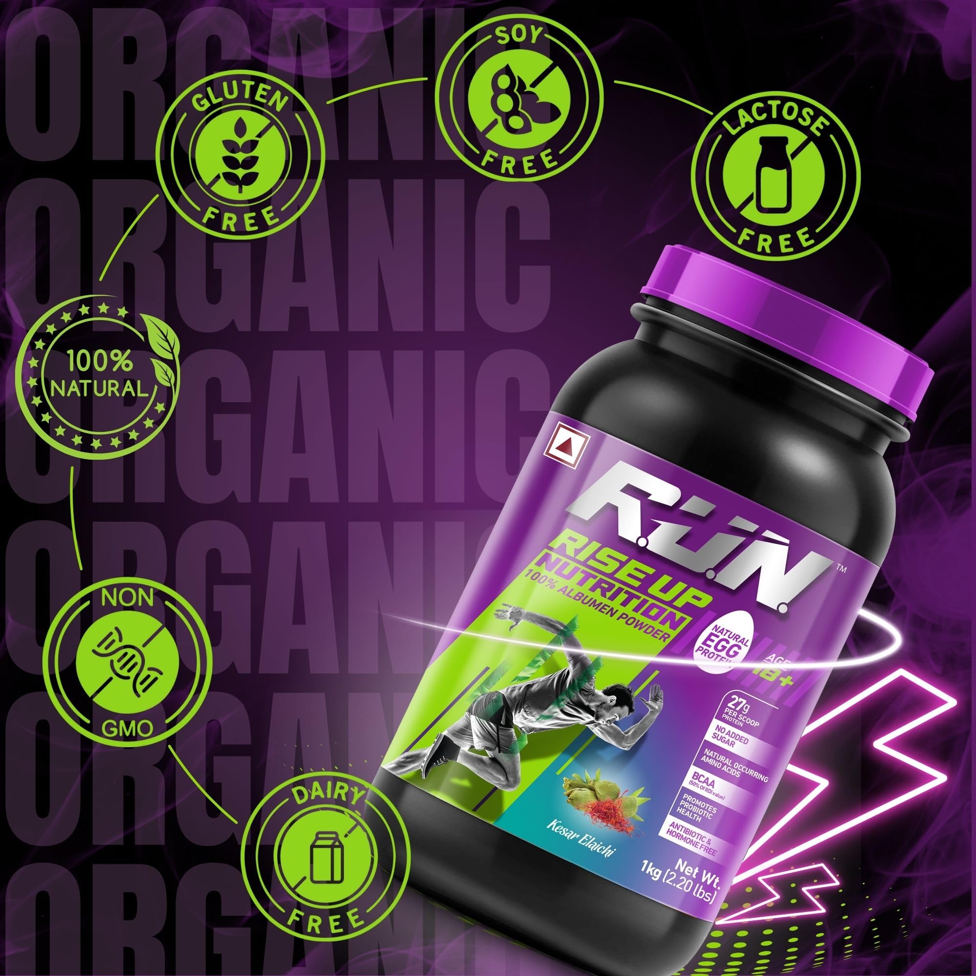 R.U.N-RISE UP NUTRITION Egg White Protein Powder - 27g Protein & 14g EAA per Serving | Lactose, Soy & Gluten Free | Supports Immunity & Muscle Recovery | Ideal for Athletes, Gym & Fitness Enthusiasts | Kesar Elaichi Flavor - 1kg | Perfect for Post-Workout Shakes & Healthy Smoothies
