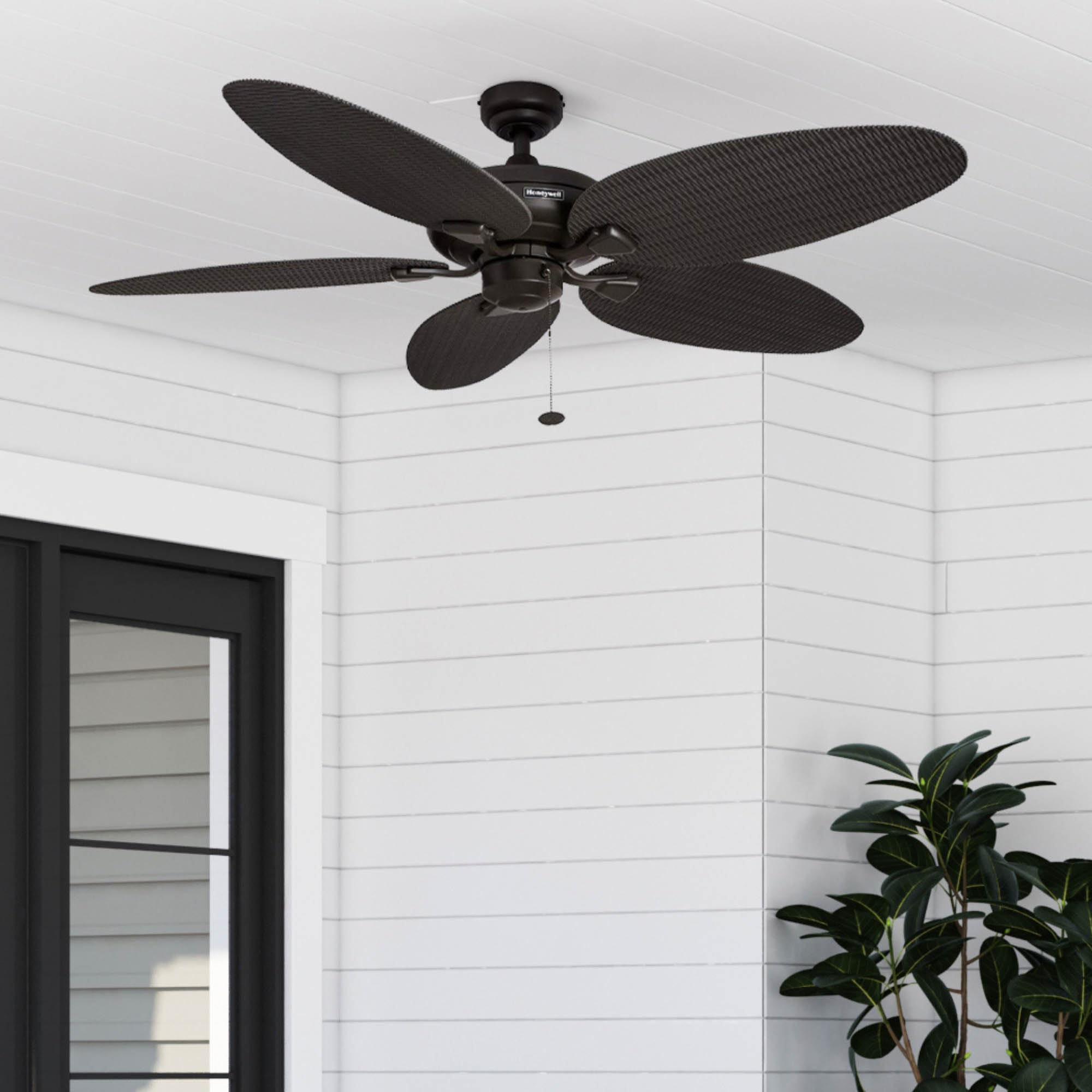 Honeywell Duval 52 Inch Indoor/Outdoor Ceiling Fan with Pull Chain - Tri-Mount 5 Blade Tropical Design, ETL Damp Rated, Bronze (50201-01) - Perfect for Patio, Bedroom, and Living Room Cooling