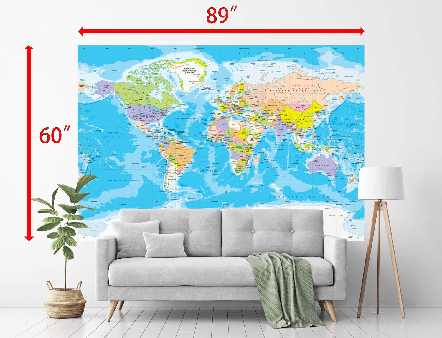 Giant 89 x 60 Inch Blue Ocean World Map Wall Decal - Easy to Hang Peel & Stick Wallpaper | Large World Map Poster for Classroom, Office & Home Decor | Removable & Repositionable Wall Sticker Safe for All Walls