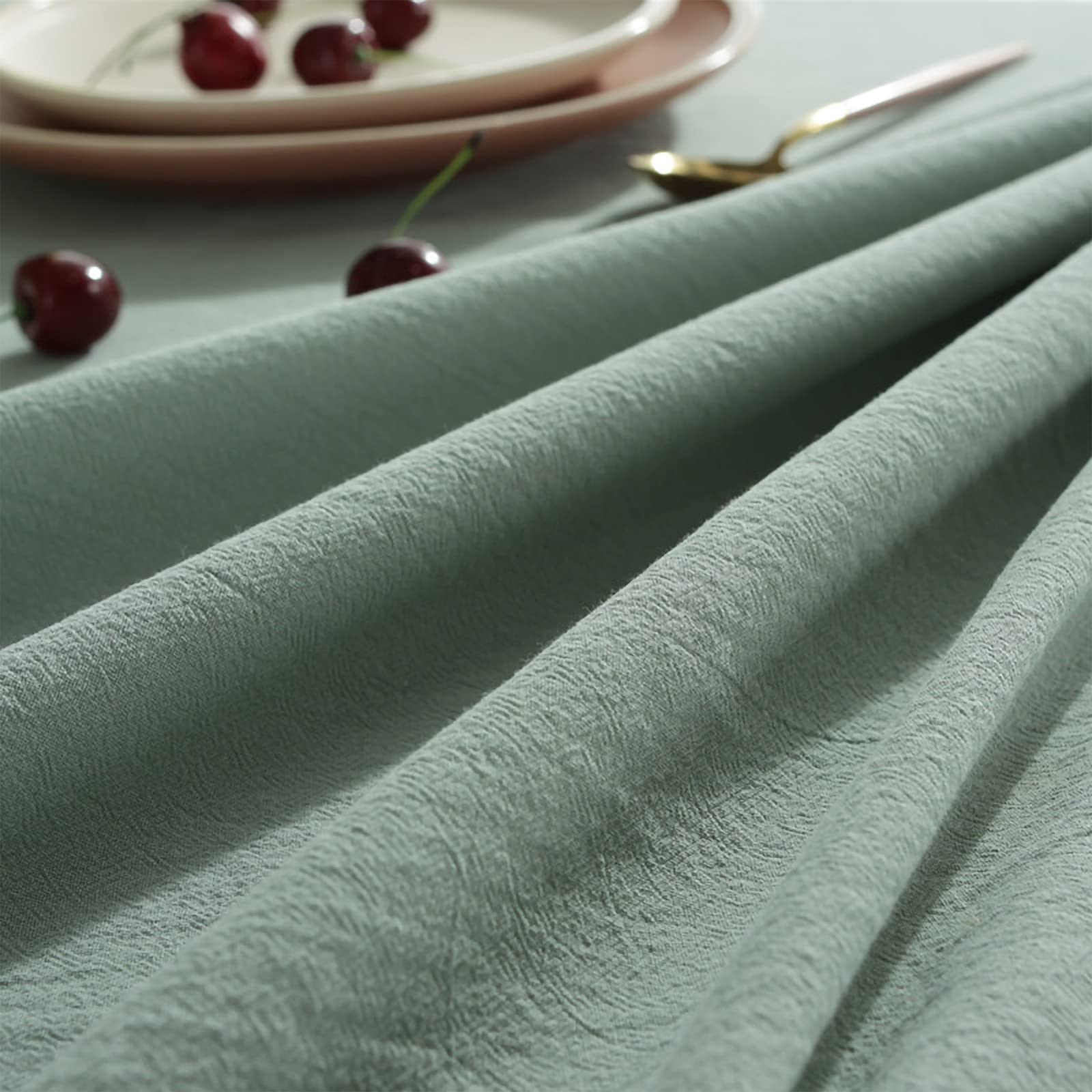 Rismart Green Linen Tablecloth 100x140cm - Elegant Ruffle Rectangular Cover for Dining & Parties