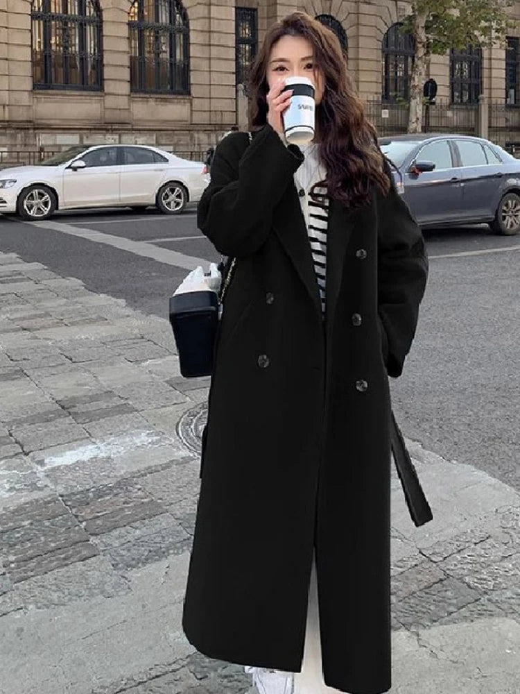 Women's Faux Wool Belted Double Breasted Long Coat - Notched Collar Full Sleeve Loose Fit Jacket for Autumn | Casual Outerwear for Work, Dating & Fall Fashion
