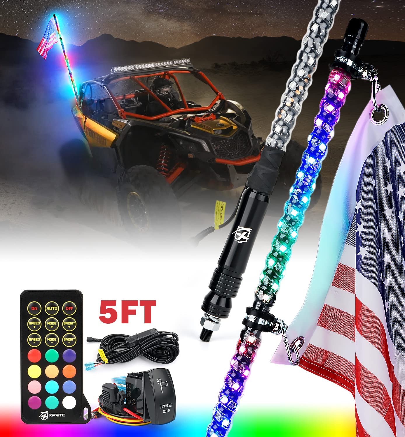Xprite 5FT Spiral LED Whip Lights with Rocker Switch & Remote Control - American Flag Themed Safety Dream-Color Chase Lights for Off-Road Vehicles (SXS, SUV, UTV, RZR, Maverick X3, Side by Side, Dune Buggy, Trucks) - Perfect for Night Rides, Trail Adventures & Off-Road Racing