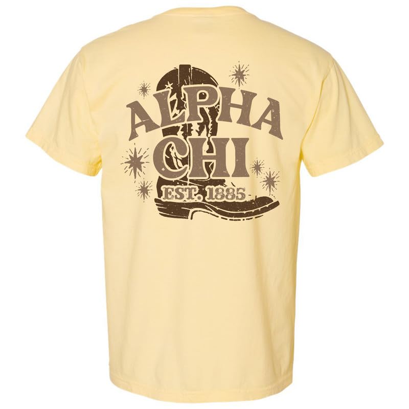 Alpha Chi Omega Comfort Colors T-Shirt | Sorority Cowgirl Boots Graphic Tee for Women | Soft Cotton Crewneck Shirt for College Events, Greek Life & Casual Wear