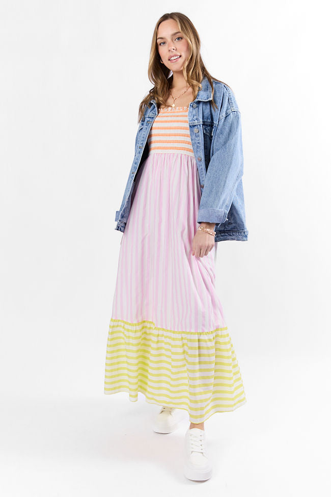 Forever Again Women's Striped Color Block Maxi Dress - Flowy Summer Beach Dress for Vacation, Party & Casual Wear