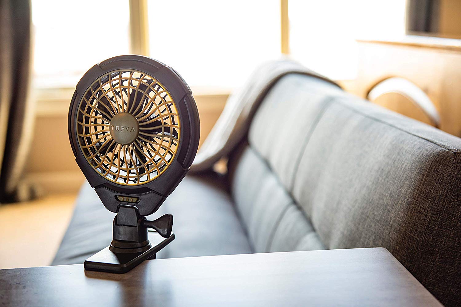Treva 5 Inch Portable Battery Operated Clip Fan - USB Rechargeable Personal Desk Fan for Travel, Outdoor, Camping, Office & Home Use - Compact Cooling Fan with Strong Clamp for Tents, Strollers & Workstations