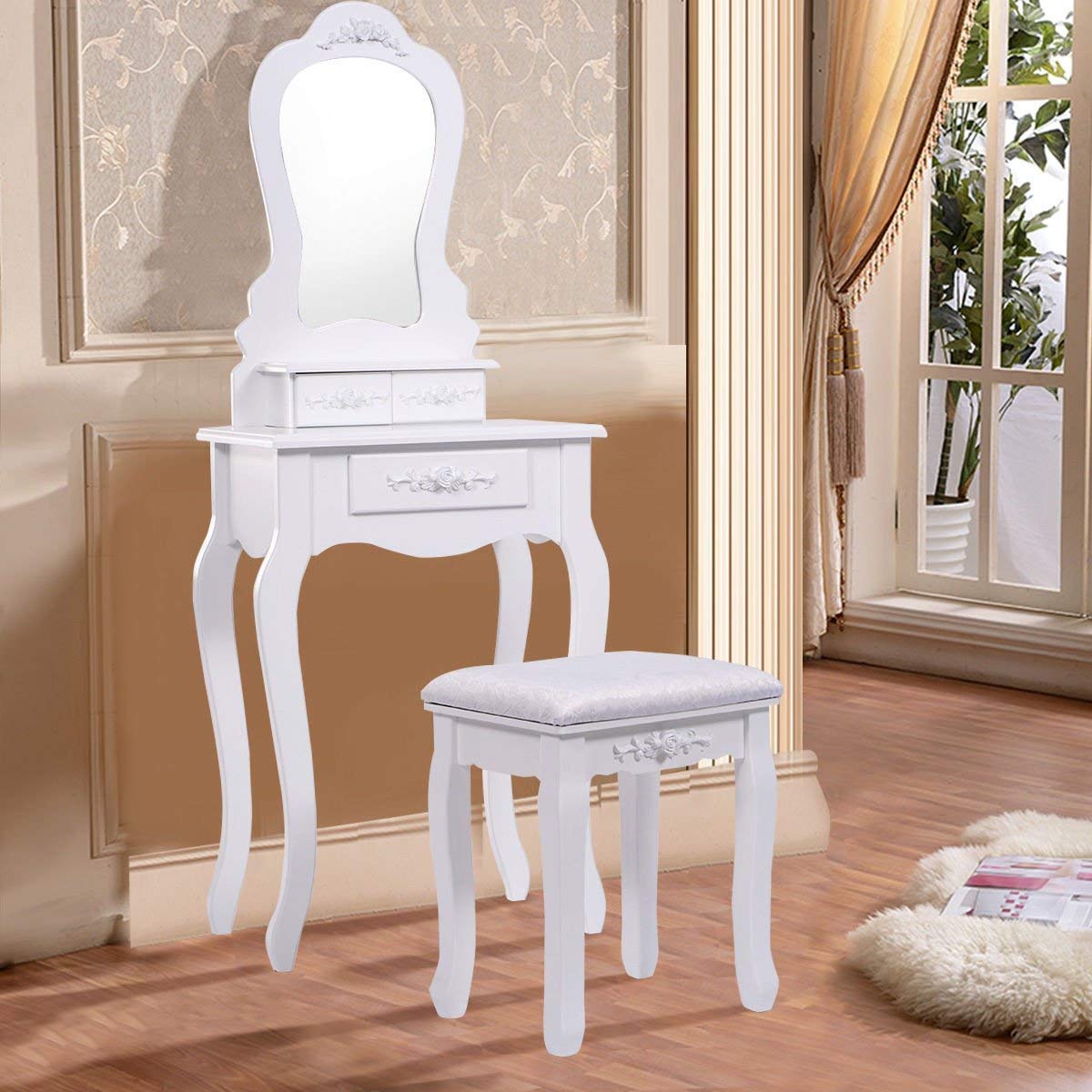 White Wooden Bathroom Vanity Set with Mirror & Makeup Stool - Modern Dressing Table for Small Spaces, Perfect for Makeup, Skincare, and Hair Styling