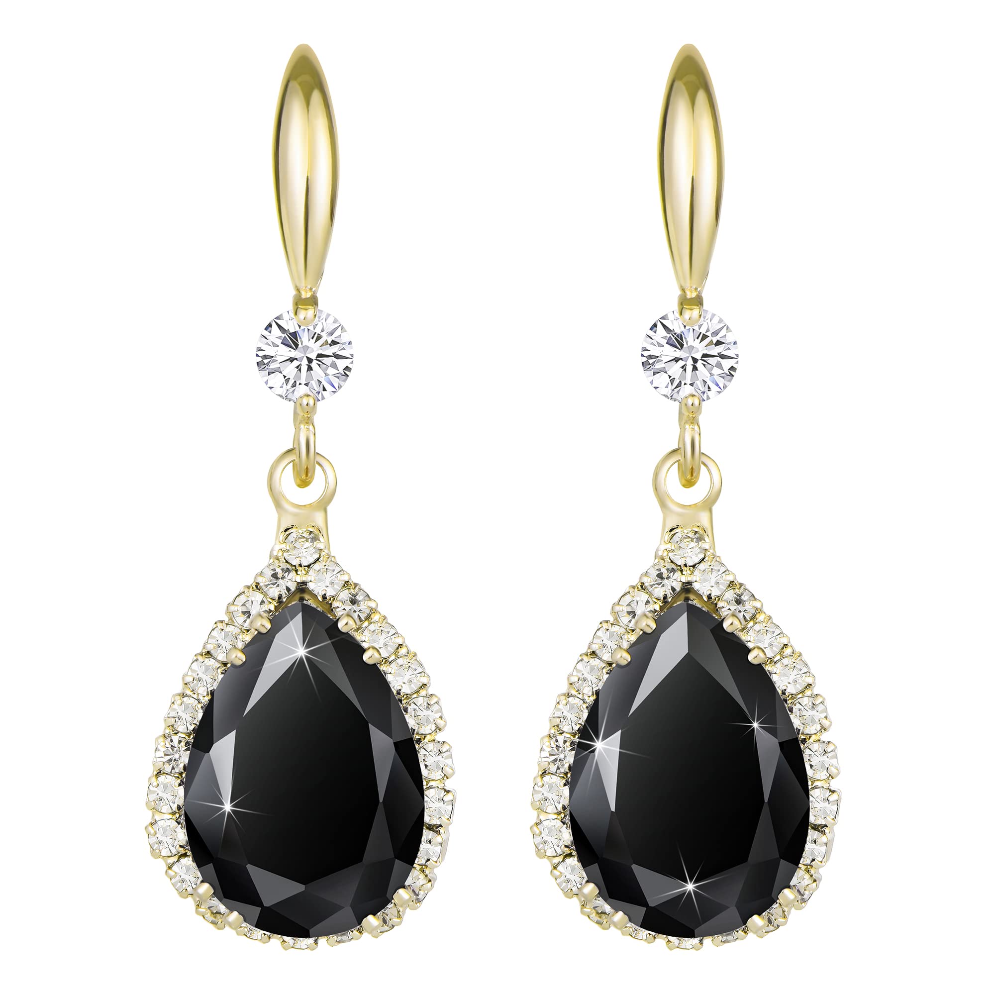 14K Gold Pear Shaped Rhinestone Earrings with Cubic Zirconia - Teardrop Crystal Drop Dangle Earrings for Women - Perfect for Brides, Bridesmaids, Prom, Costume Parties & Queen Style Occasions