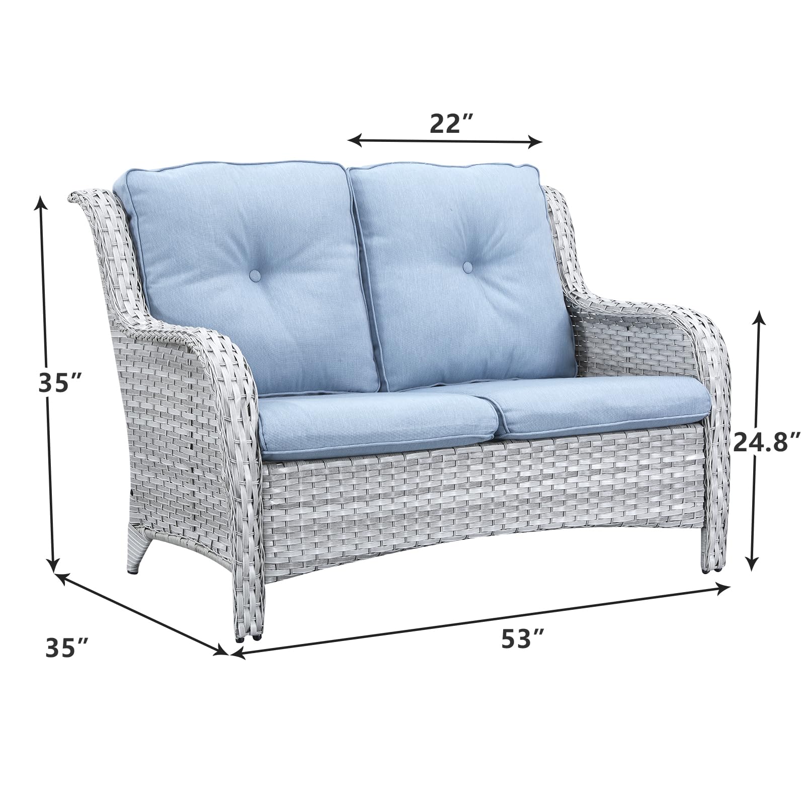 Outdoor Wicker Loveseat Patio Sofa - 2-Seater Rattan Couch with Deep Seating & Comfortable Cushions for Porch, Deck, Balcony (Light Grey/Sky Blue) | Perfect for Backyard Relaxation, Poolside Lounging & Garden Decor