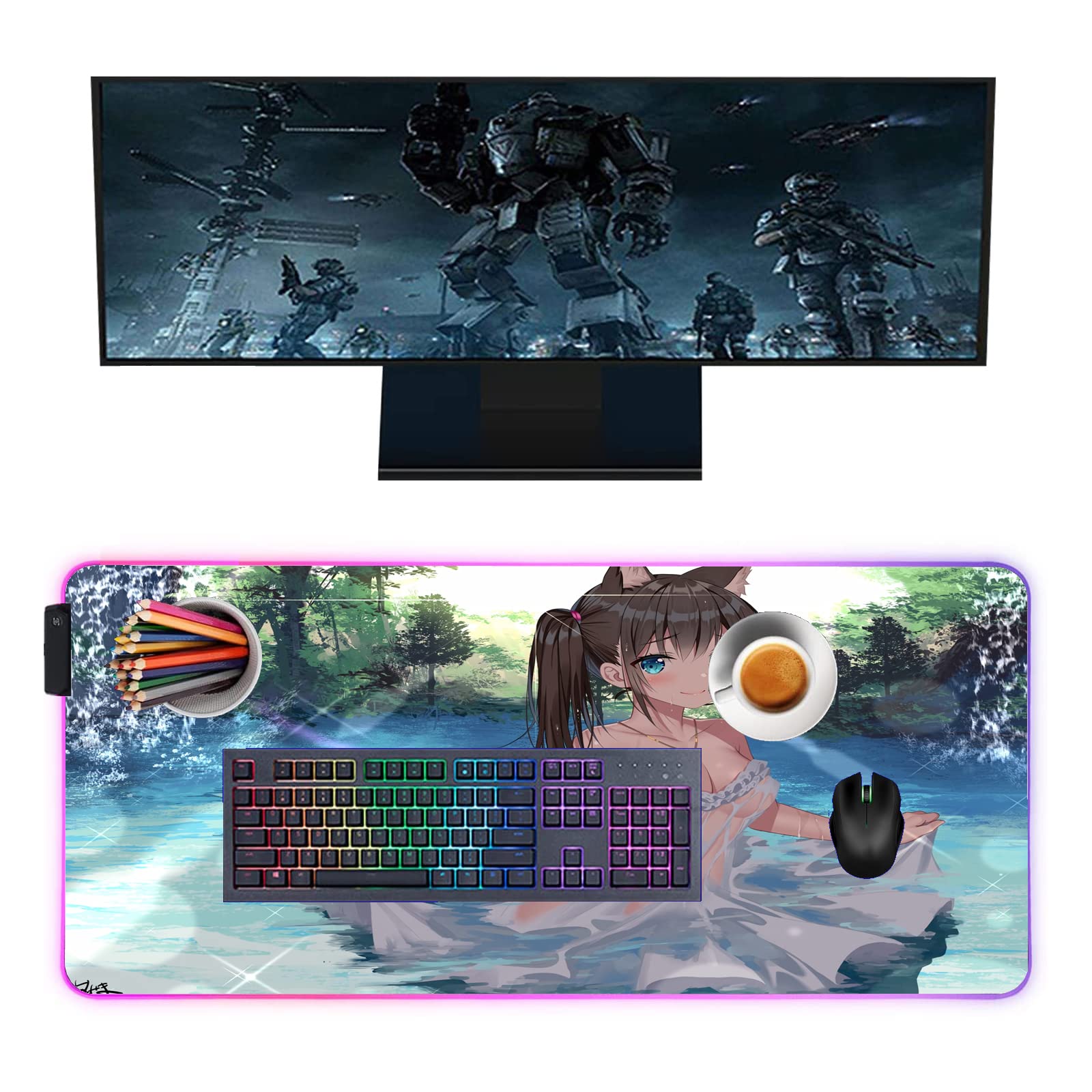 Anime Girl RGB Gaming Mouse Pad - Large 27.55 x 12 Inch LED Backlit Desk Mat for PC, Keyboard & Computer Accessories | Perfect for Gaming Setup, Office Work & Home Decor