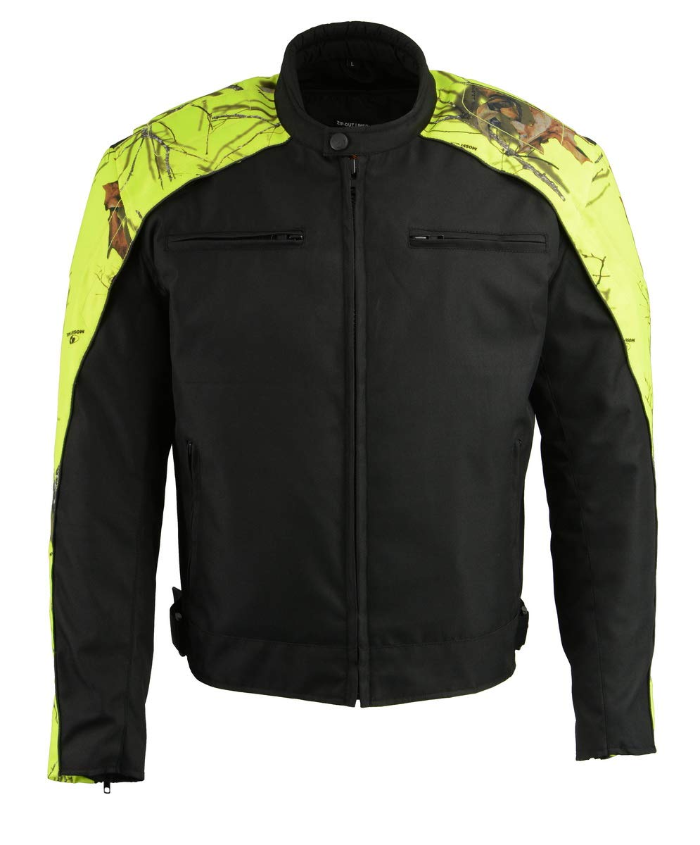 Milwaukee Leather MPM1787 Men's Black & Neon Orange Textile Motorcycle Jacket - Mossy Oak Camo Design - Waterproof & Breathable for Riding, Outdoor Adventures & Casual Wear
