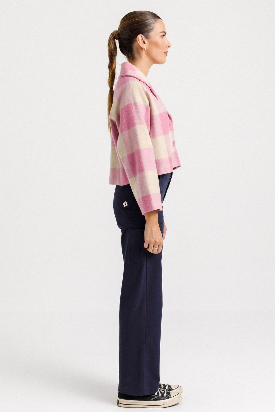 Clemmie Ballerina Pink Check Cropped Coat - Women's Fashion Trench Jacket for Spring & Fall | Perfect for Office, Date Night & Casual Outings