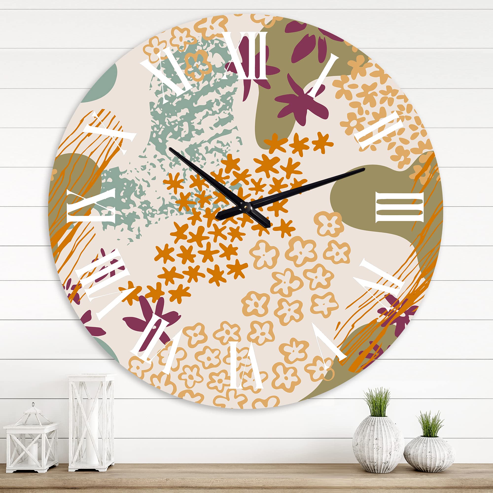 DesignQ Modern Abstract Wall Clock with Floral Silhouettes & Fluid Shapes - Large Fractal Art Wall Clock for Bedroom, Living Room & Office Decor | Perfect for Home, Office & Gift Giving