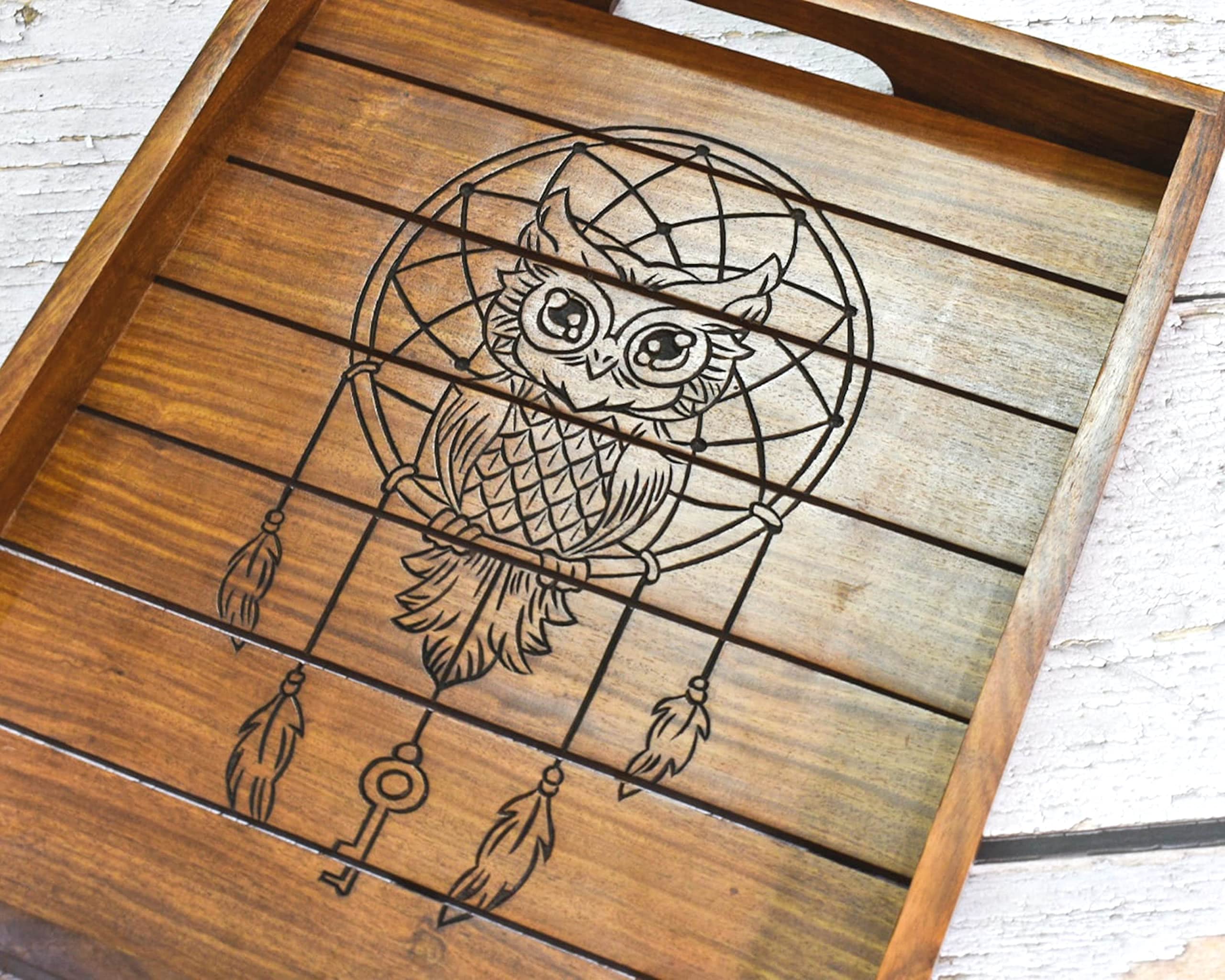Hand Carved Indian Rosewood Rectangular Serving Tray with Owl Design - 15x12.5 Inch Handmade Decorative Wooden Tray with Handle - Perfect for Tea Service, Breakfast in Bed, and Home Decor Gifts