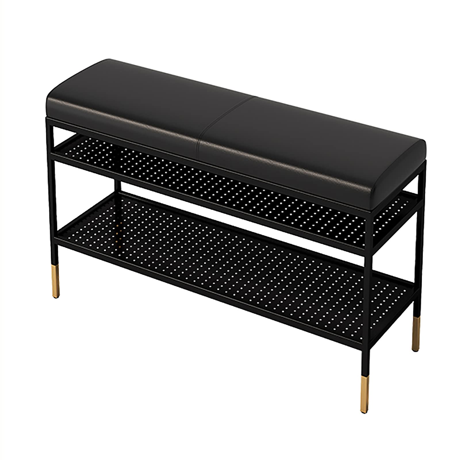 Modern 2-Tier Shoe Rack Bench with Upholstered Seat - Entryway Shoe Storage Organizer with Mesh Shelf (Black Leather, 60x32x47cm/24x13x19in) - Perfect for Hallway, Bedroom & Closet Organization