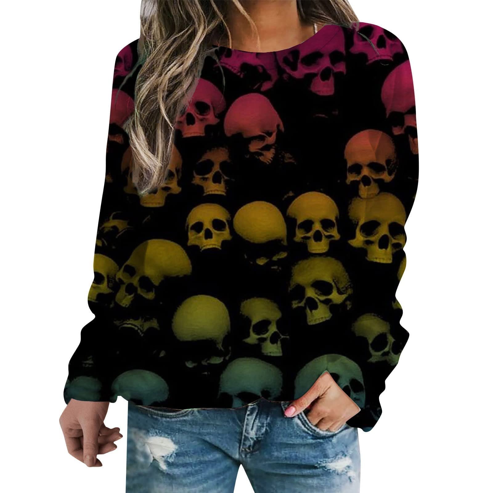 Halloween Sweaters for Women - Skull Print Loose Long Sleeve Pullover Top | Cozy Round Neck Sweatshirt for Halloween Parties, Costume Events & Fall Fashion