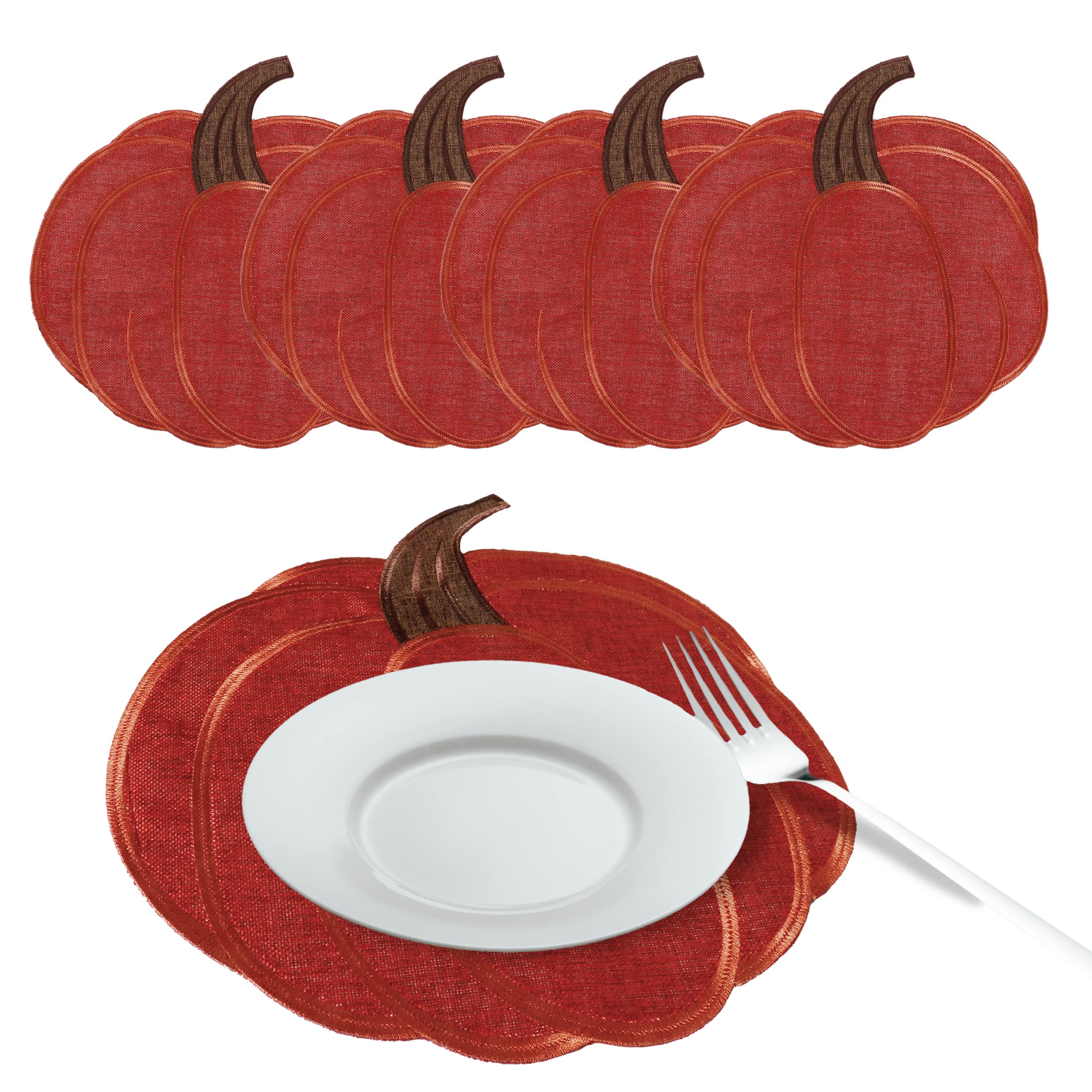 OWENIE Fall Placemats Set of 4 - Embroidered Pumpkin Harvest Table Mats for Thanksgiving & Autumn Decor | 15 Inch Red Die-Cut Farmhouse Style | Perfect for Holiday Dining, Halloween Parties & Boho Home Decor