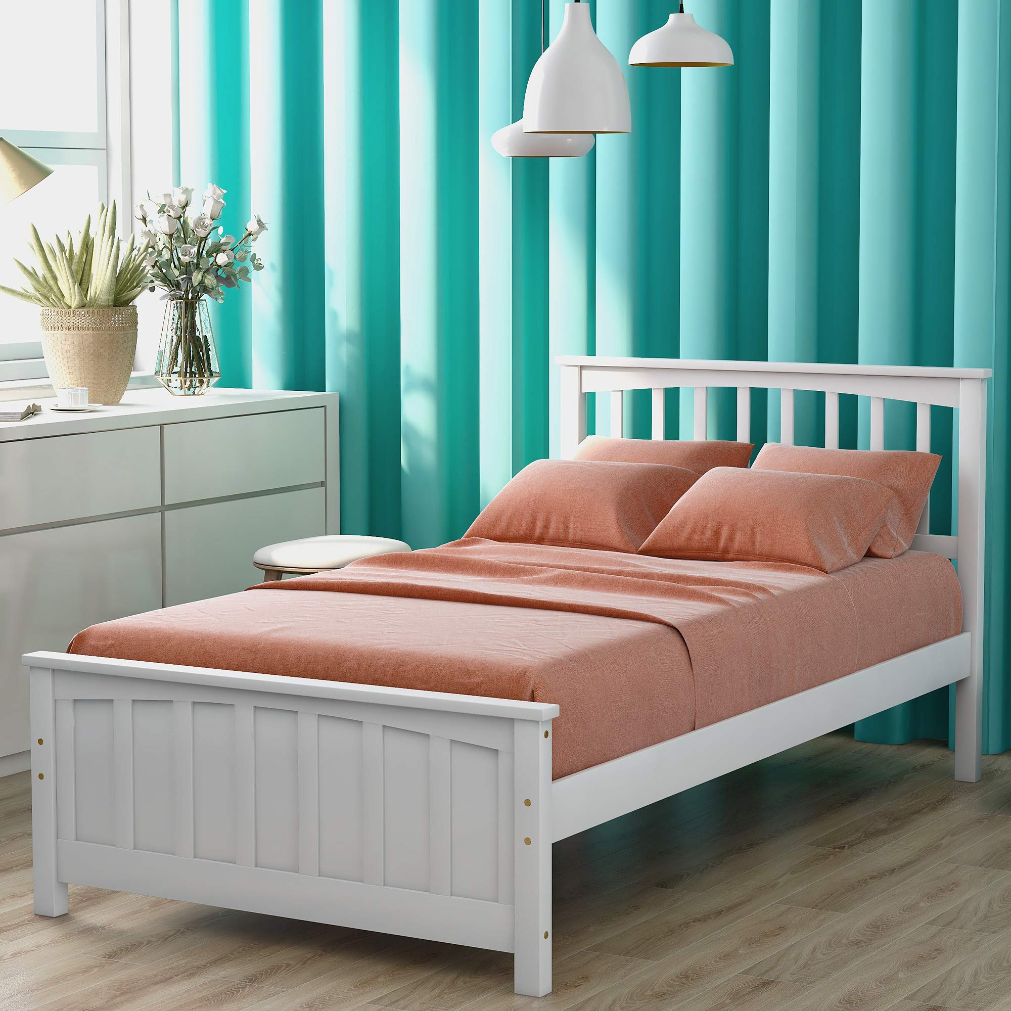 Knocbel Twin Size Wooden Platform Bed Frame with Headboard & Footboard - Sturdy 10-Slat Support for Mattress Foundation (White) - Perfect for Kids Rooms, Guest Bedrooms & Small Spaces