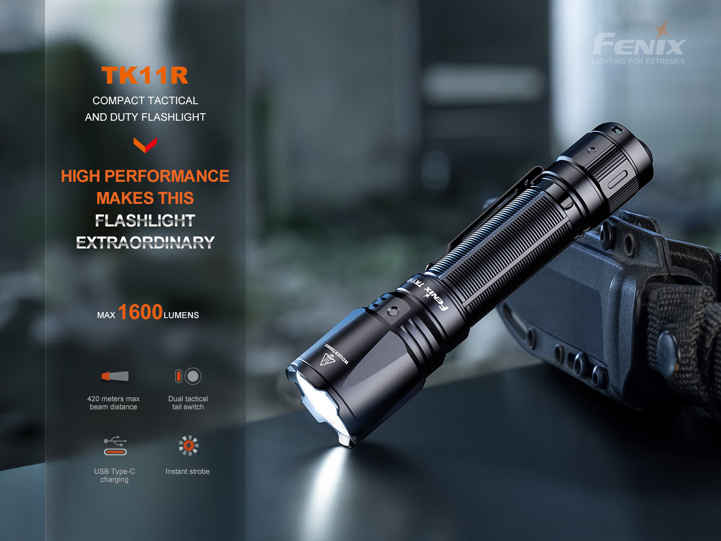 Fenix TK11R Compact Tactical Flashlight - 1000 Lumens LED Rechargeable Flashlight for Camping, Hiking & Emergency Use