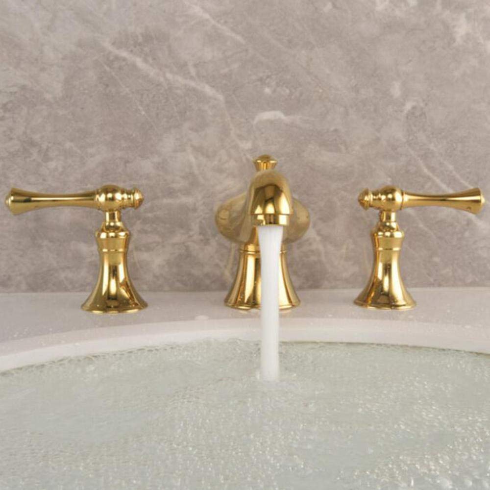 3 Hole Basin Mixer Tap - Golden Brass Hot & Cold Water Faucet with 2 Handles, Double Switches, Splash Prevention & Leak-Proof Design - Perfect for Bathroom Sink, Vanity, and Powder Room Installation