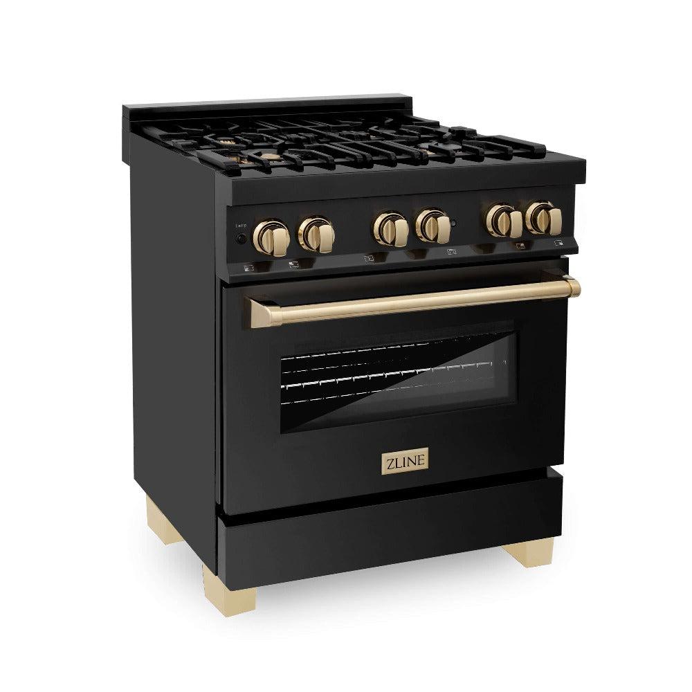 ZLINE Autograph Edition 30-inch Black Stainless Steel Kitchen Package - Dual Fuel Range, Range Hood, Dishwasher & Refrigerator with External Water Dispenser & Polished Gold Accents (4AKPR RABRHDWV30 G) | Premium Luxury Kitchen Appliances for Modern Homes & Gourmet Cooking