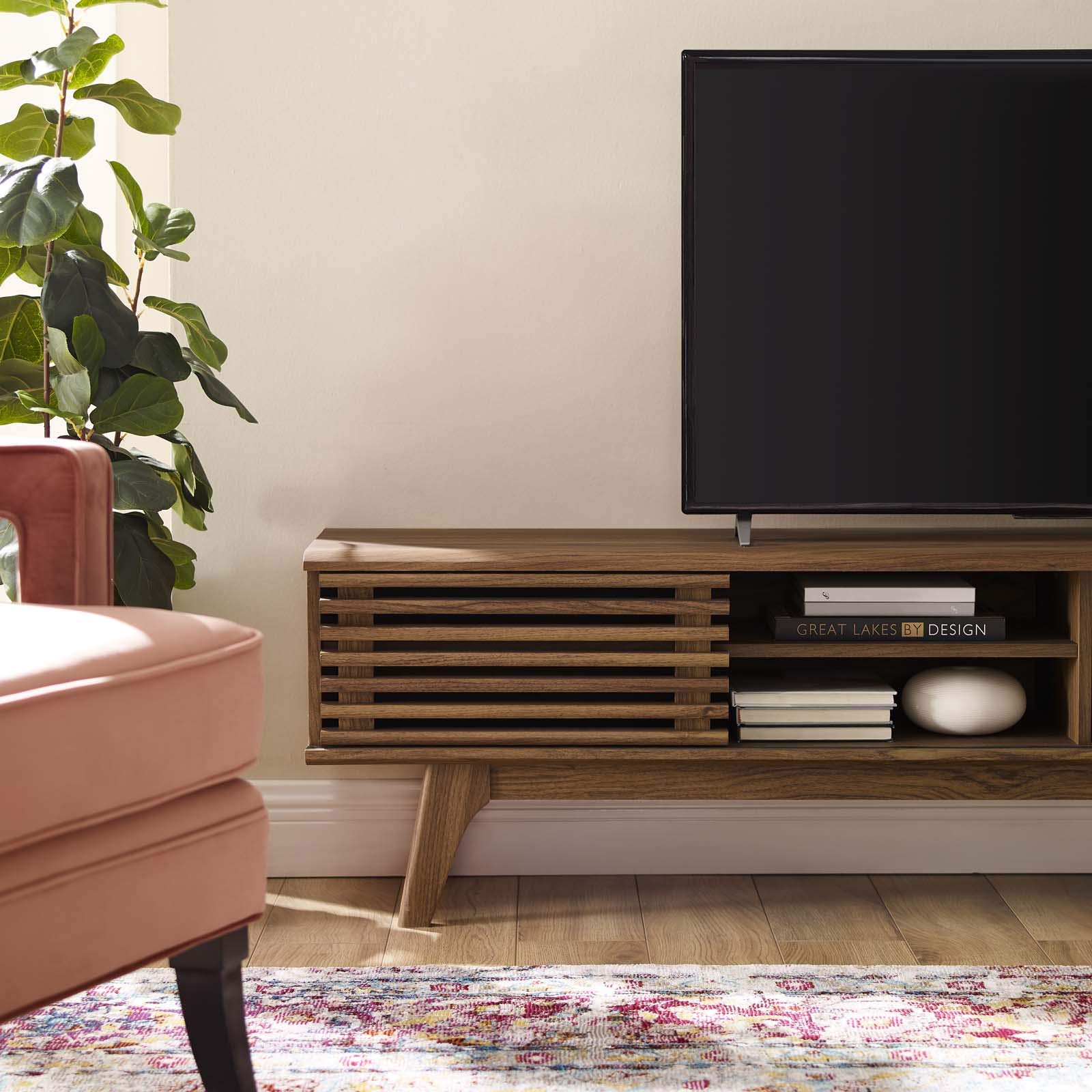 Modern Contemporary TV Stand Console Table - Solid Wood Media Entertainment Center for Living Room, Lounge, Club & Lobby - Natural Brown Finish - Perfect for Home Theater & Office Decor