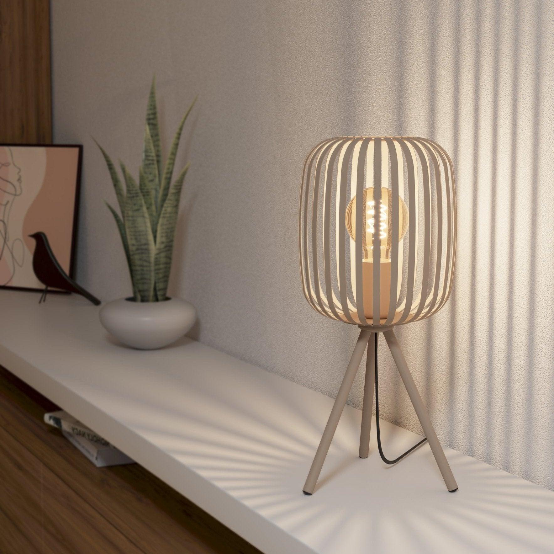 Eglo Romazzina Sand Metal Caged Tripod Table Lamp - Vintage Industrial Style Desk Light for Living Room, Bedroom, or Office Decor
