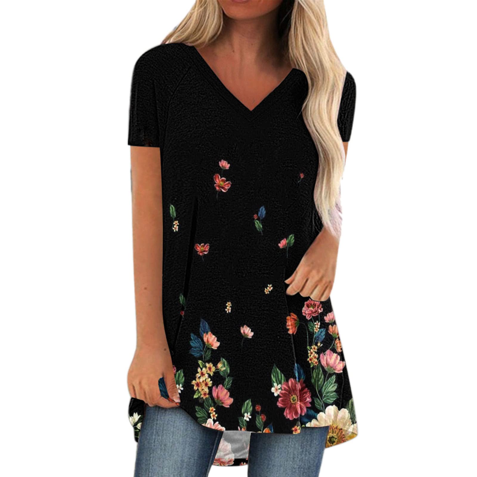 Women's Floral Print V-Neck Short Sleeve T-Shirt - Casual Summer Blouse & Tops for Ladies - Perfect for Daily Wear, Outings and Vacation Outfits