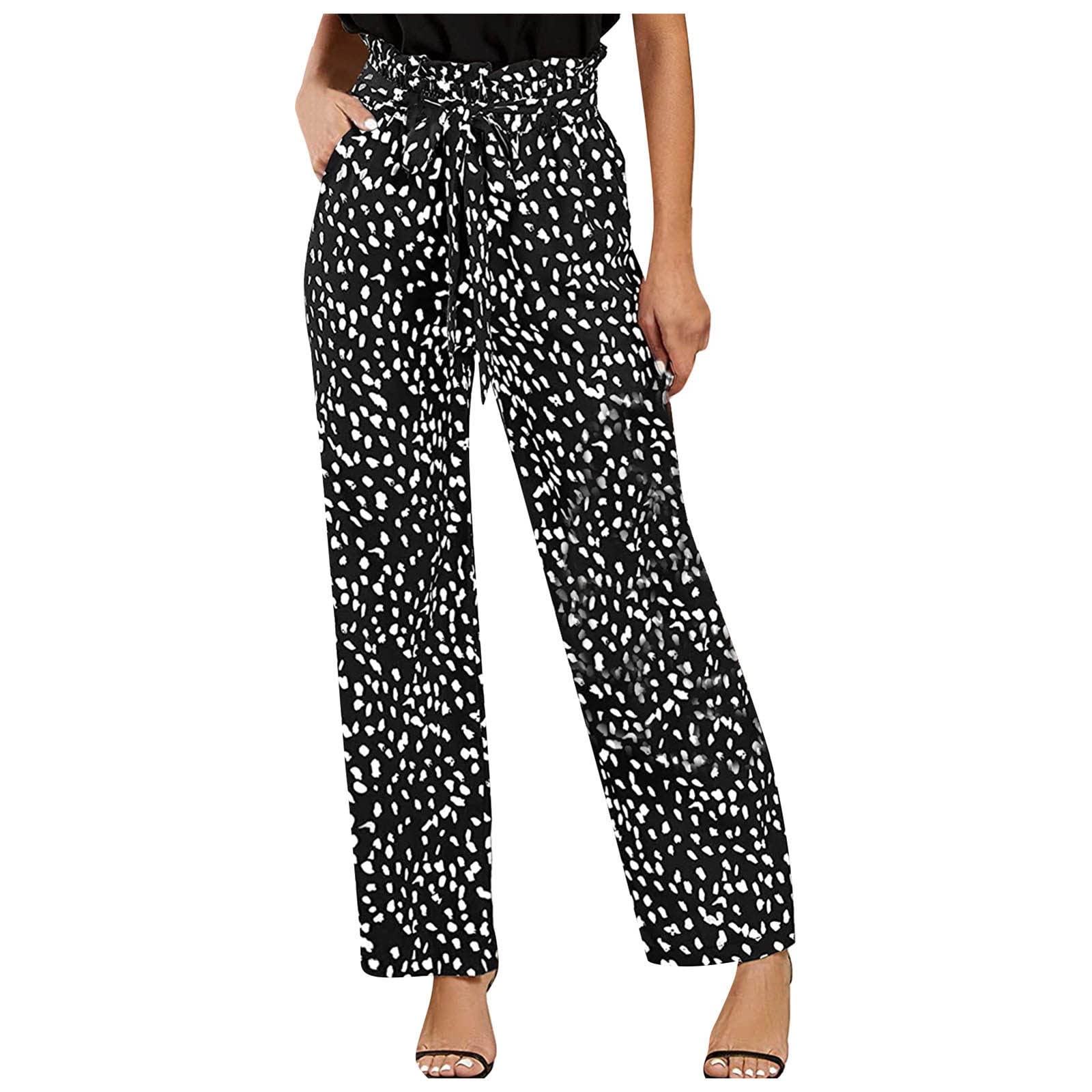 Women's High Waisted Palazzo Pants with Leopard Print - Straight Leg Long Trousers with Pockets - Comfortable Planted Pants for Casual Wear, Office, Travel & Yoga