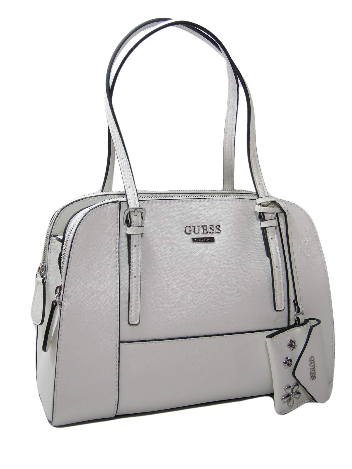 GUESS Women's New Logo Satchel Handbag & Coin Purse - White/Ivory with Silver Flowering Design | Perfect for Work, Shopping & Evening Events