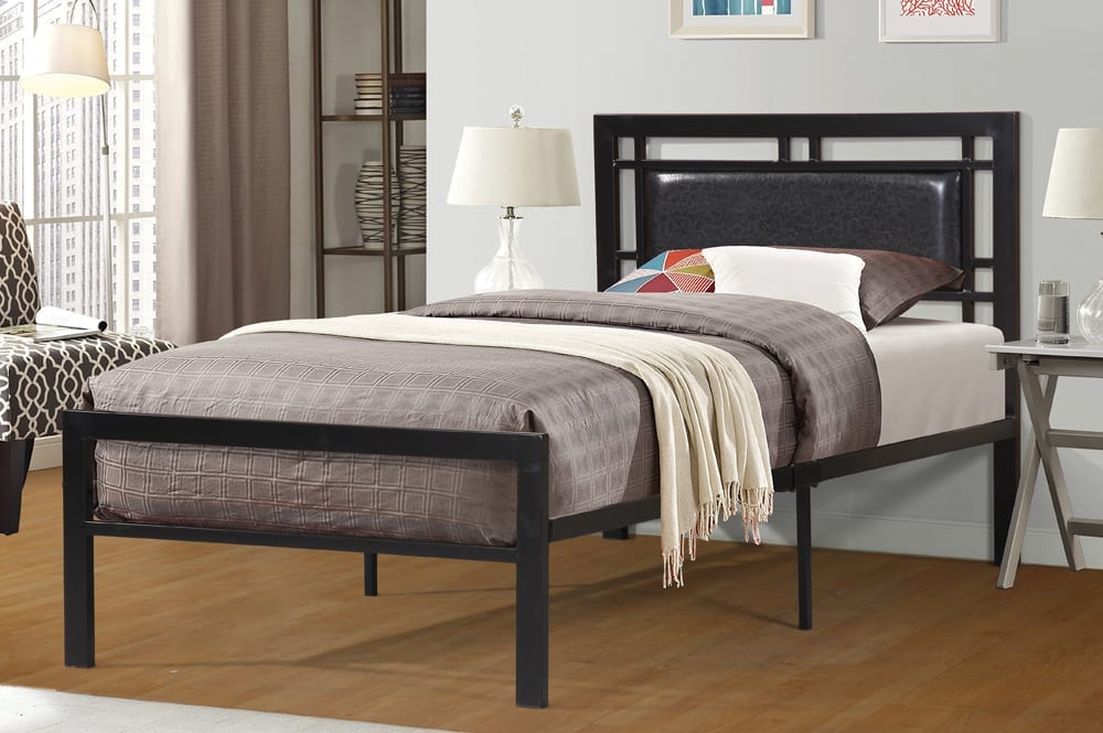 Black Metal Platform Bed with Leatherette Headboard - Modern Minimalist Bed Frame for Small Spaces, Apartments & Dorm Rooms