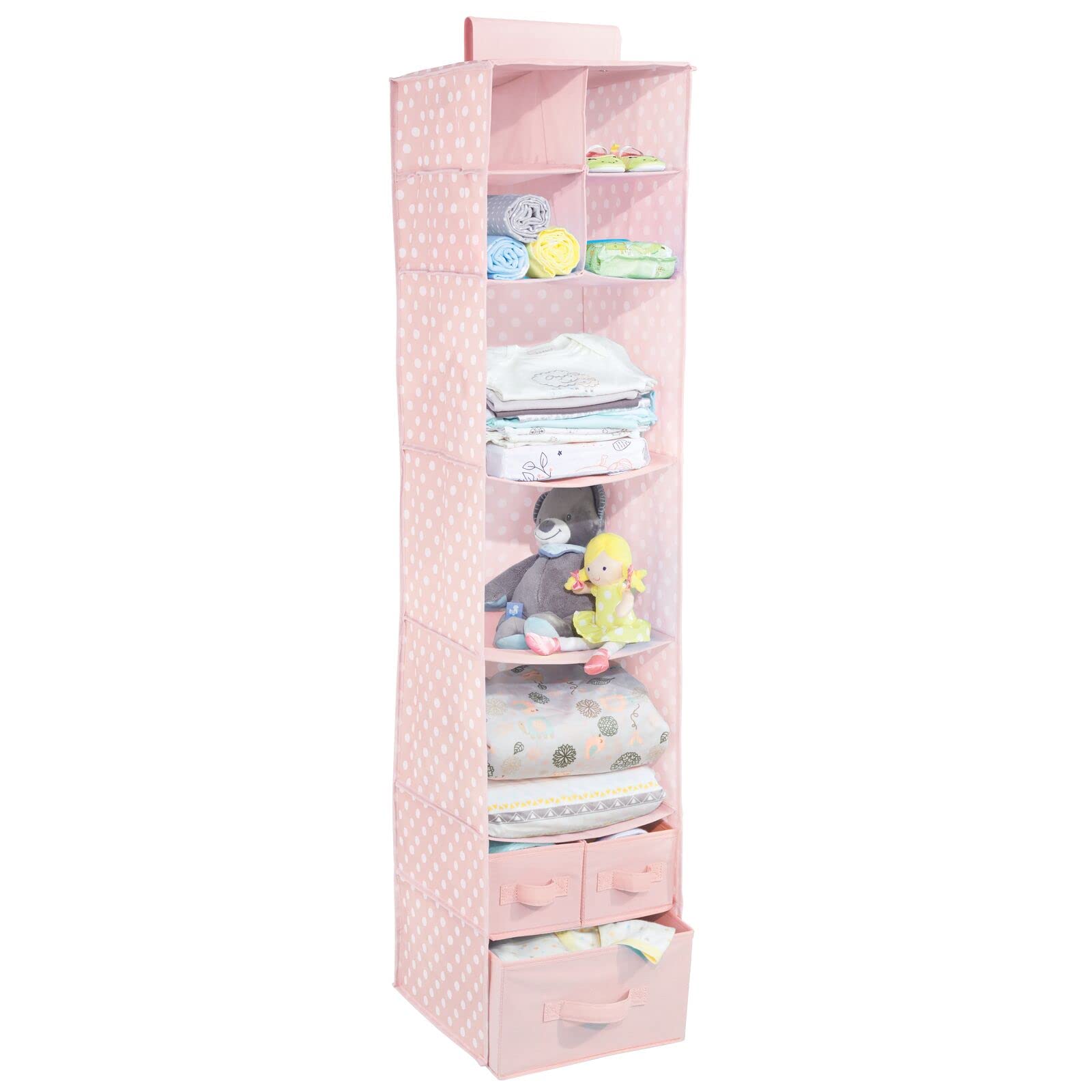mDesign Fabric Hanging Closet Organizer with 7 Shelves & 3 Removable Drawers - Space Saving Storage for Baby Clothes, Toys & Accessories - Nursery & Bedroom Organization - Pink & White Polka Dot Pattern - Perfect for Small Spaces & Kids Room Storage