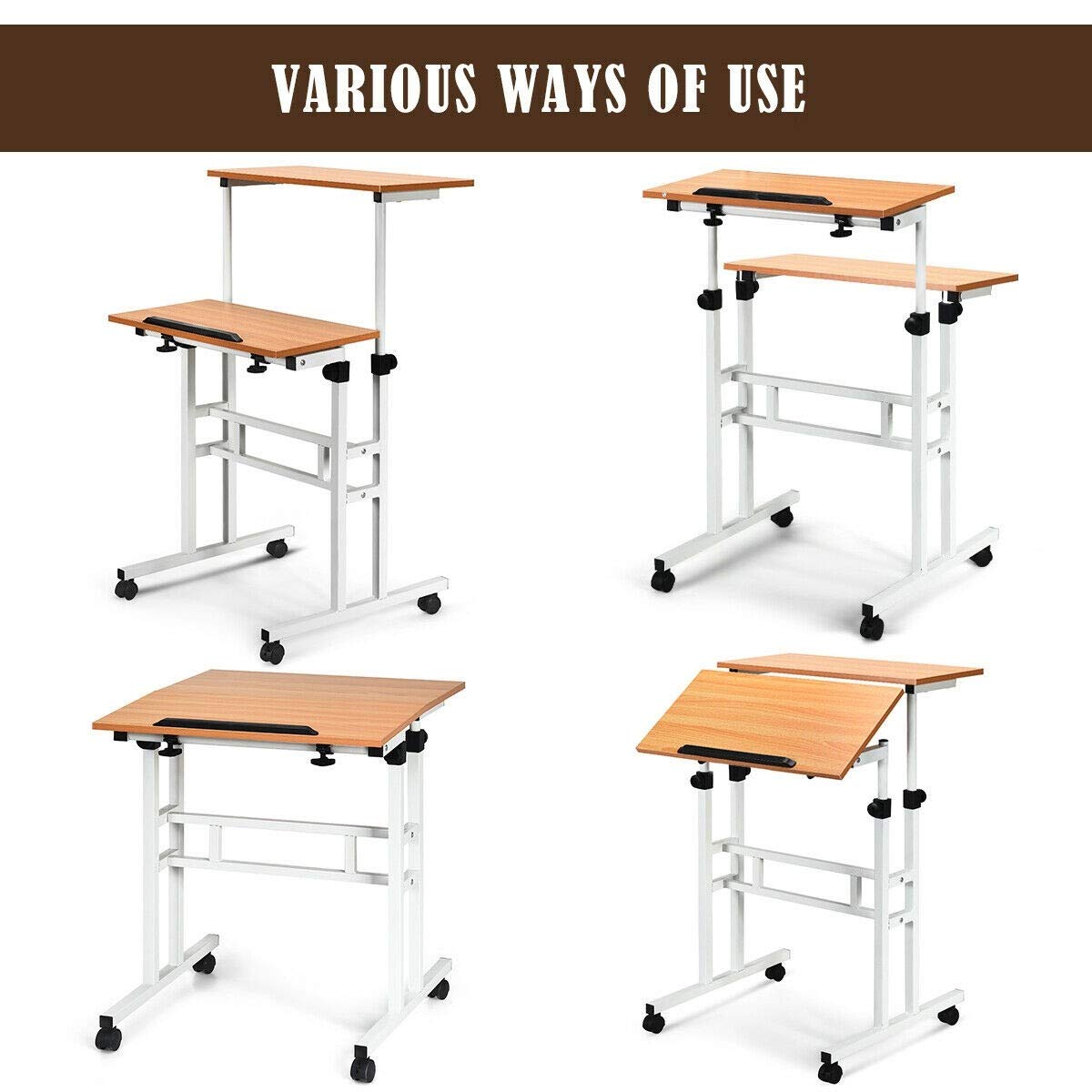 2 in 1 Adjustable Height Standing Desk with Wheels - Mobile Sit Stand Computer Desk for Home Office | Perfect for Remote Work & Small Spaces