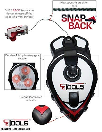 CE TOOLS SnapBack® Reel Chalk Line with Quick-Release Tip - Perfect for Construction, DIY Projects & Professional Marking